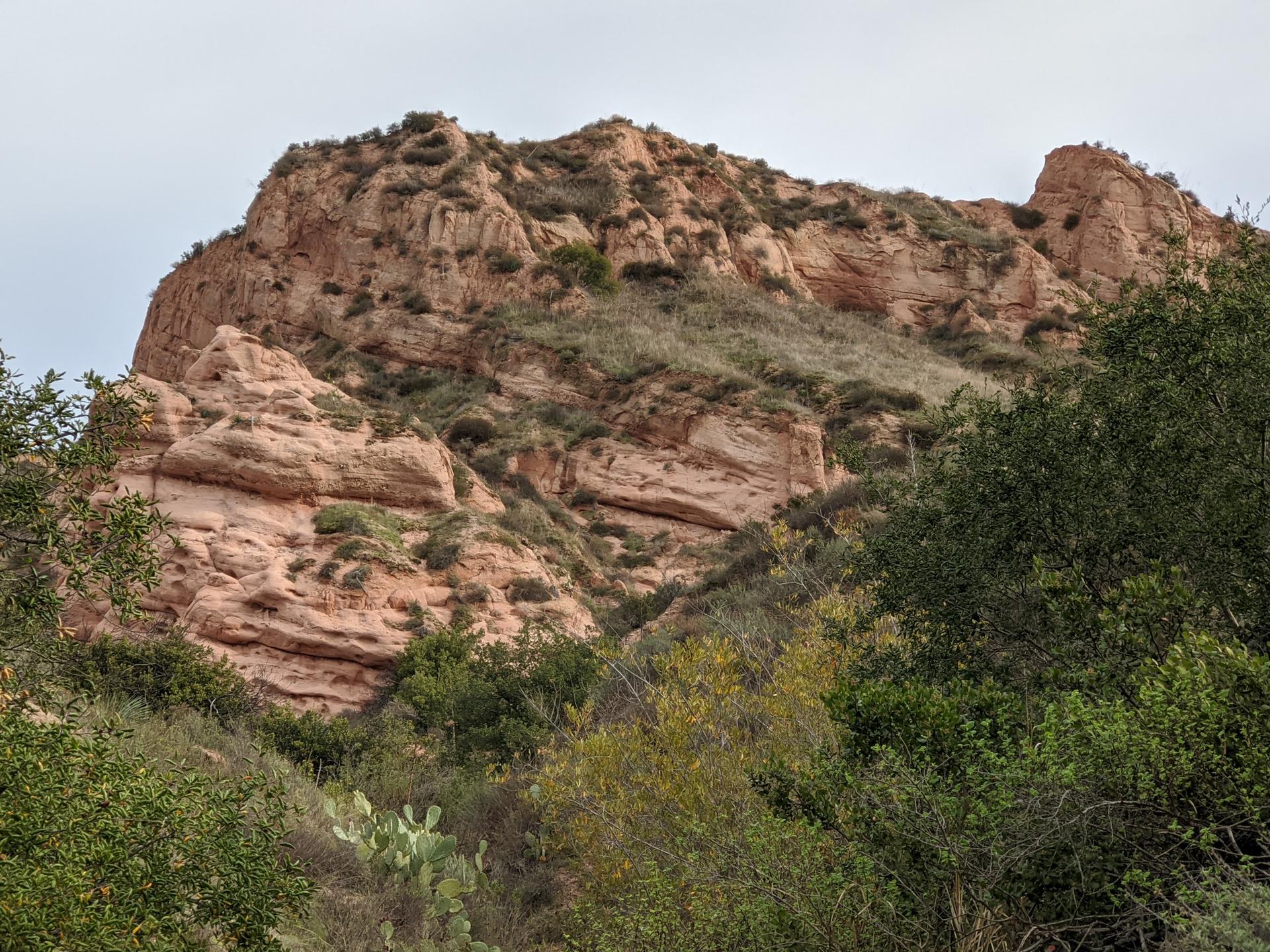 Overcast view of a large, reddish rock formation covered in green bushes.