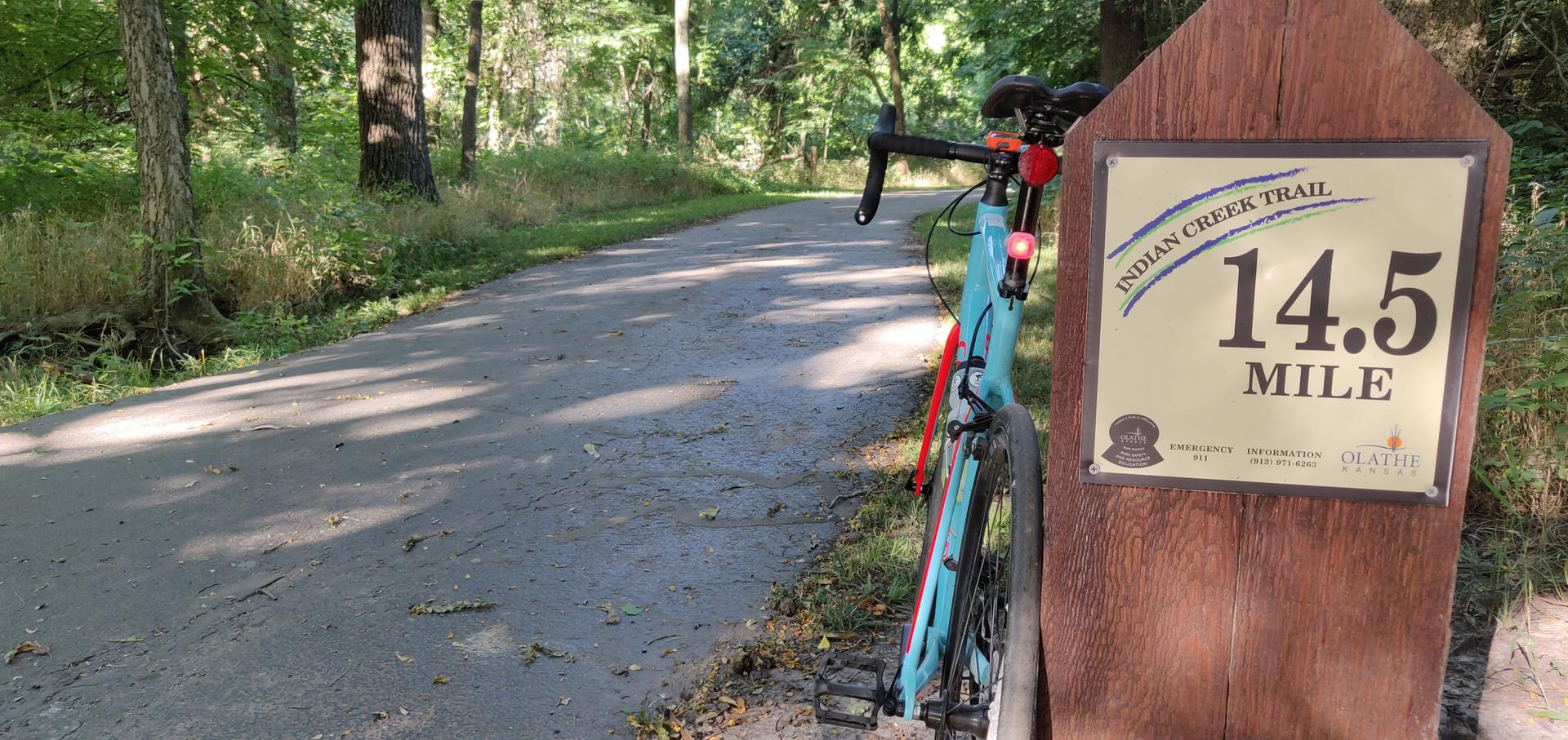 Bicycle leaning against a mile marker on a sunny paved forest path.