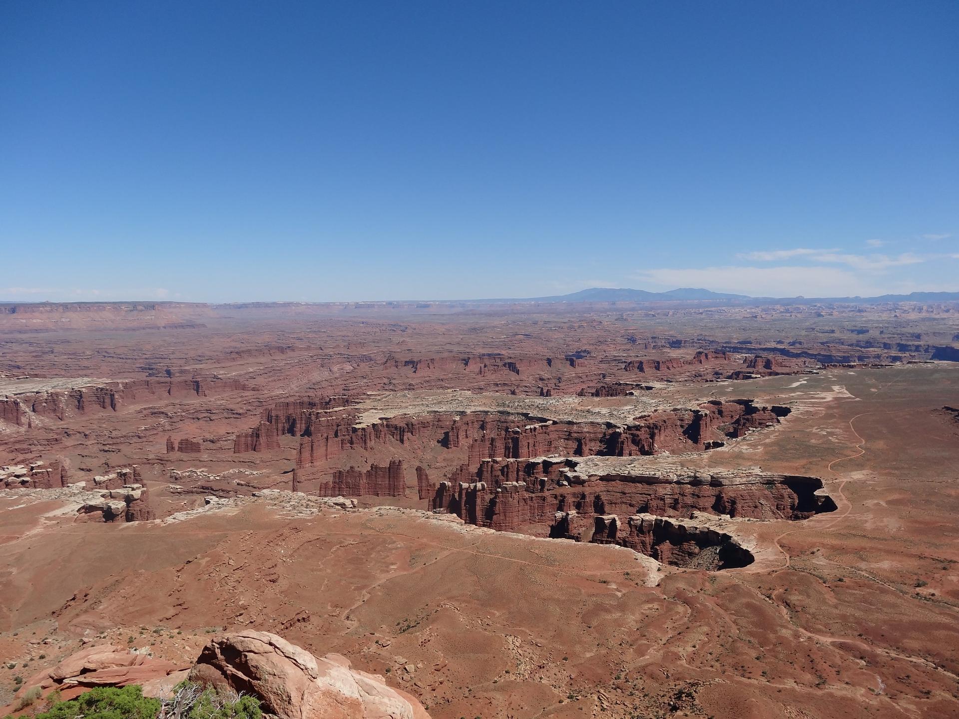 Expansive desert canyon landscape with deep gorges under a clear blue sky.
