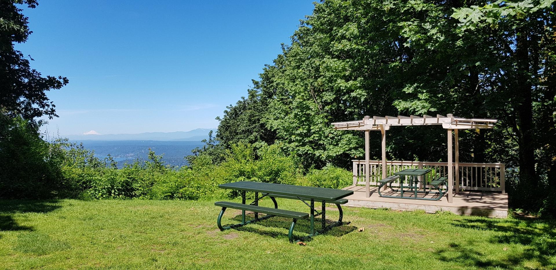 Sunny park with a green picnic table and wooden gazebo.