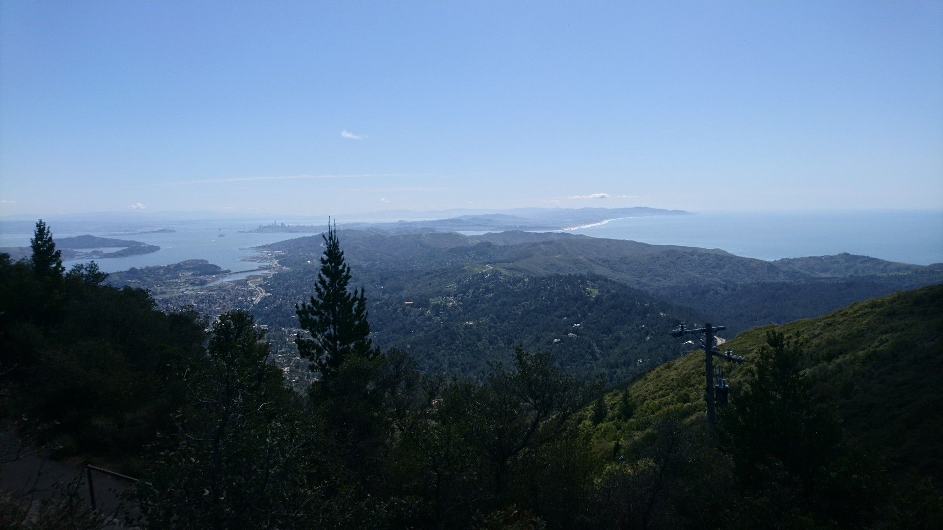 Panoramic view of a bay, distant ocean, and forested hills on a clear day. - Stinson Beach Overlook & Mount Tamalpais loop via Panoramic Highway