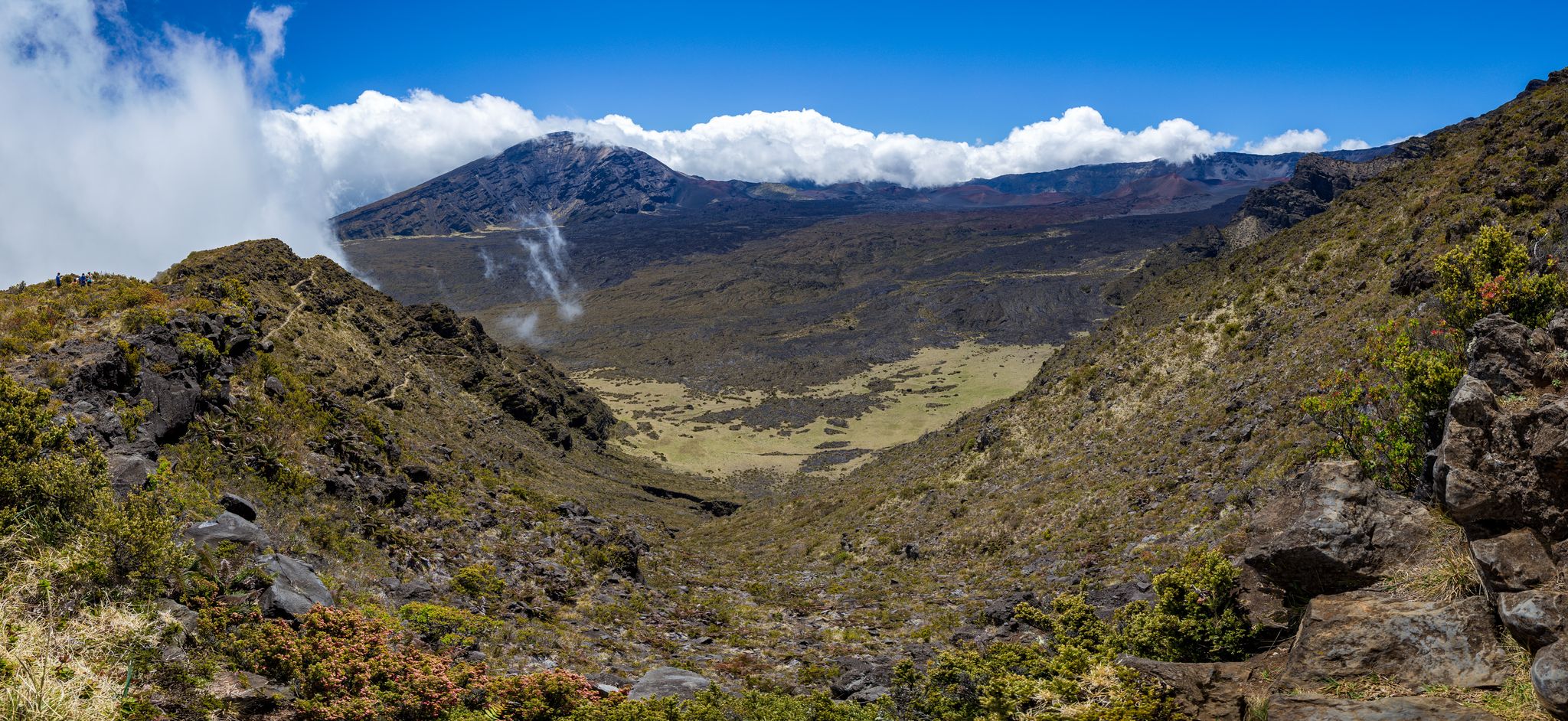 A vast volcanic valley with a distant mountain under a cloudy sky. - Halemauʻu Trail