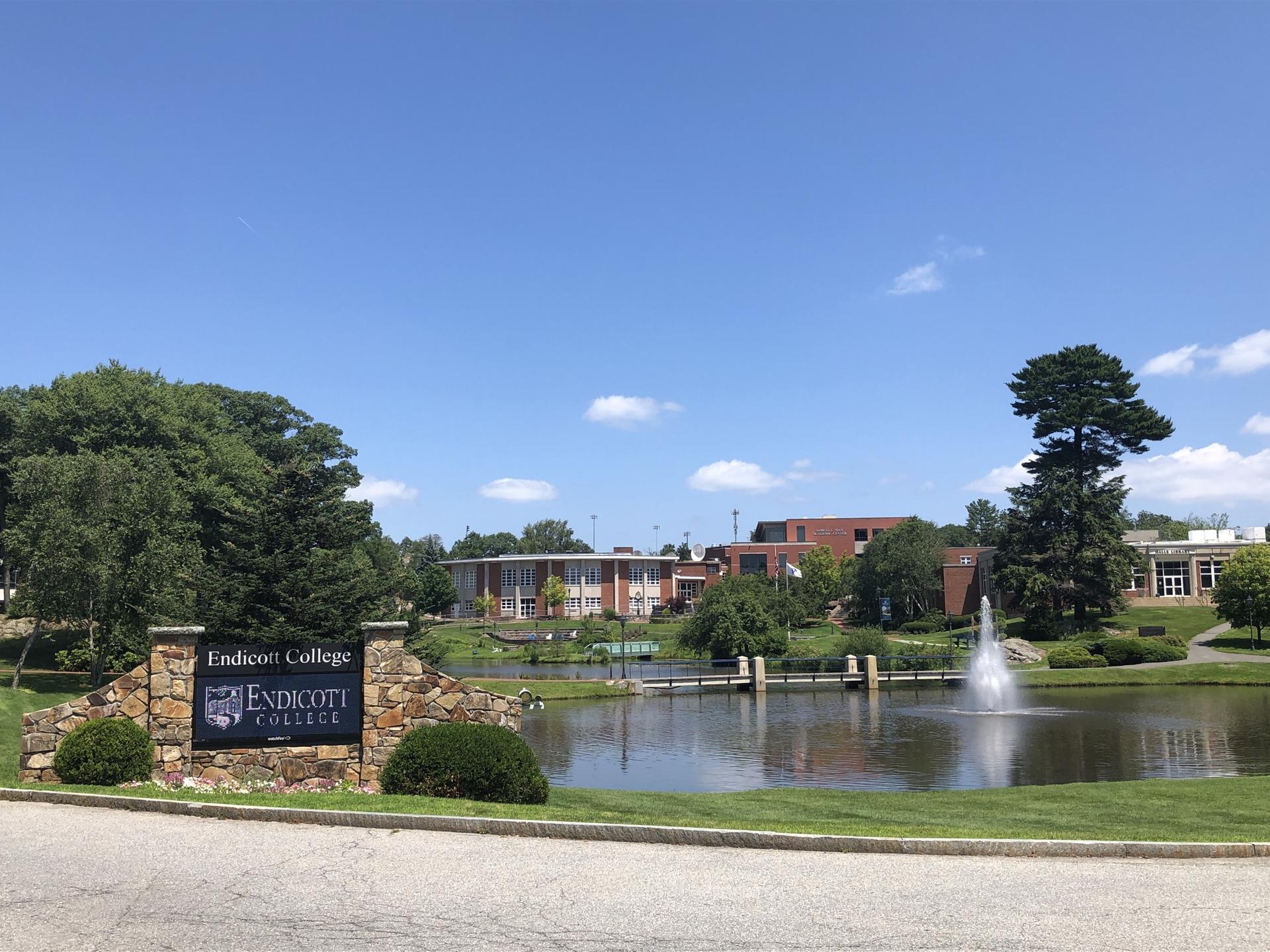 Sunny college entrance with a pond, fountain, and distant buildings.