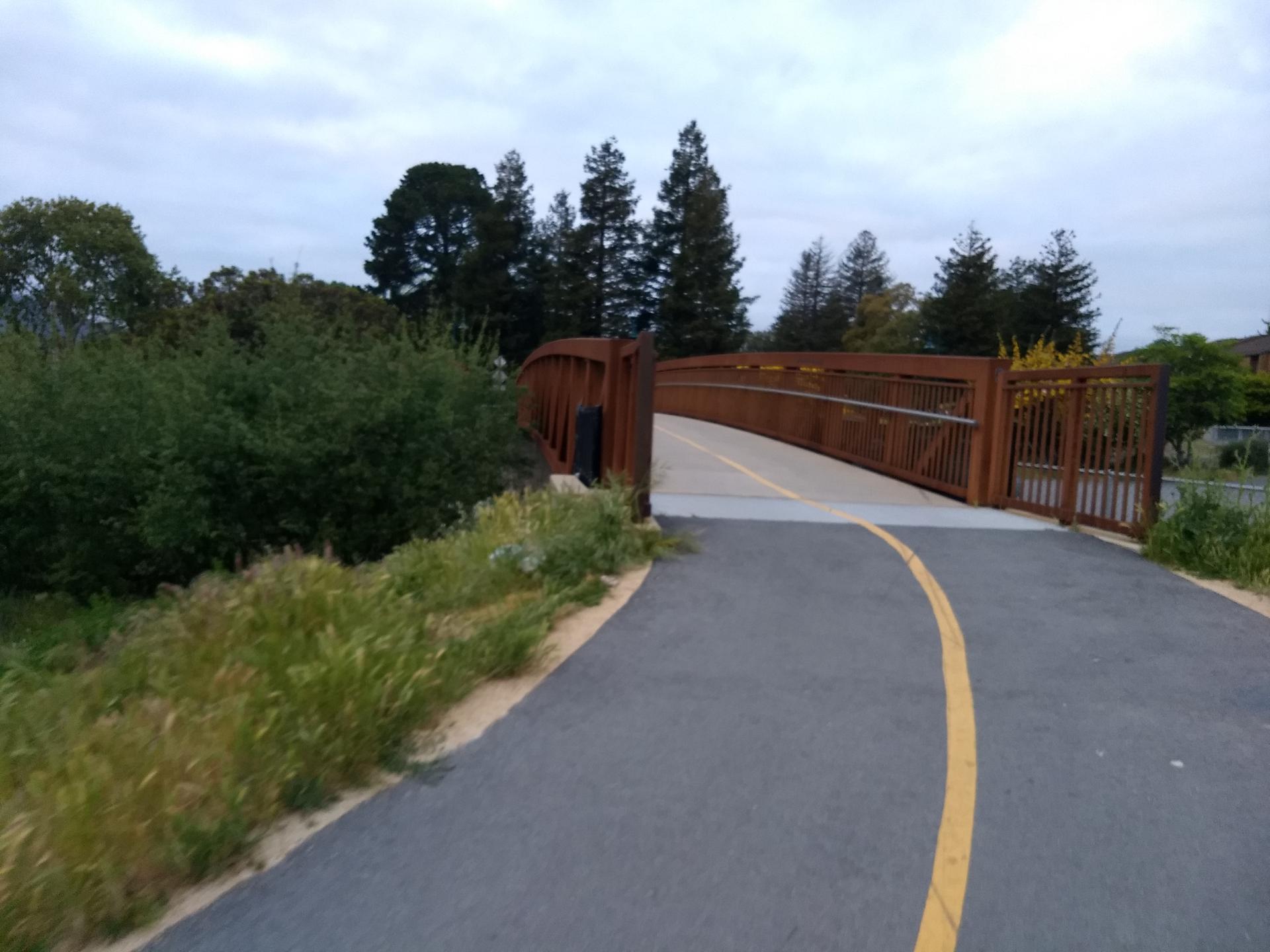 Paved path leading to a modern wooden pedestrian bridge surrounded by trees.