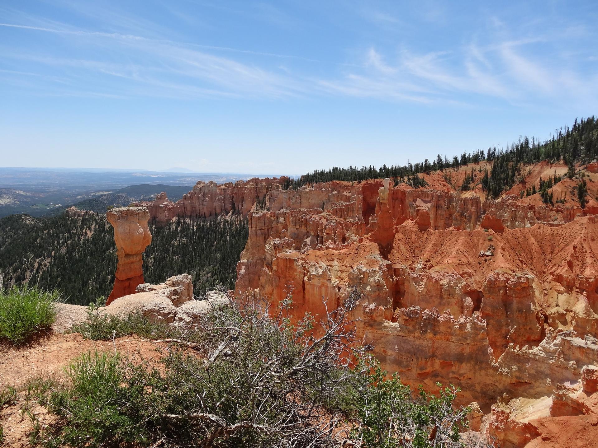 Unique red rock pillar standing amidst a vast canyon landscape.