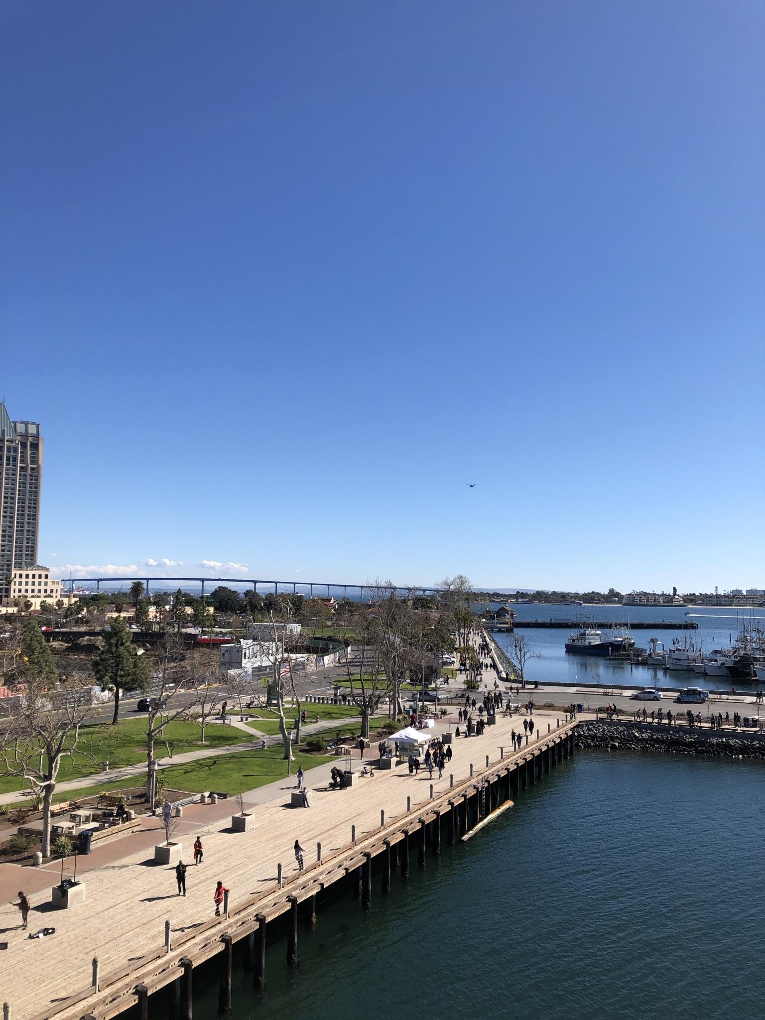 Aerial view of a bustling waterfront promenade with people, city, and bay.