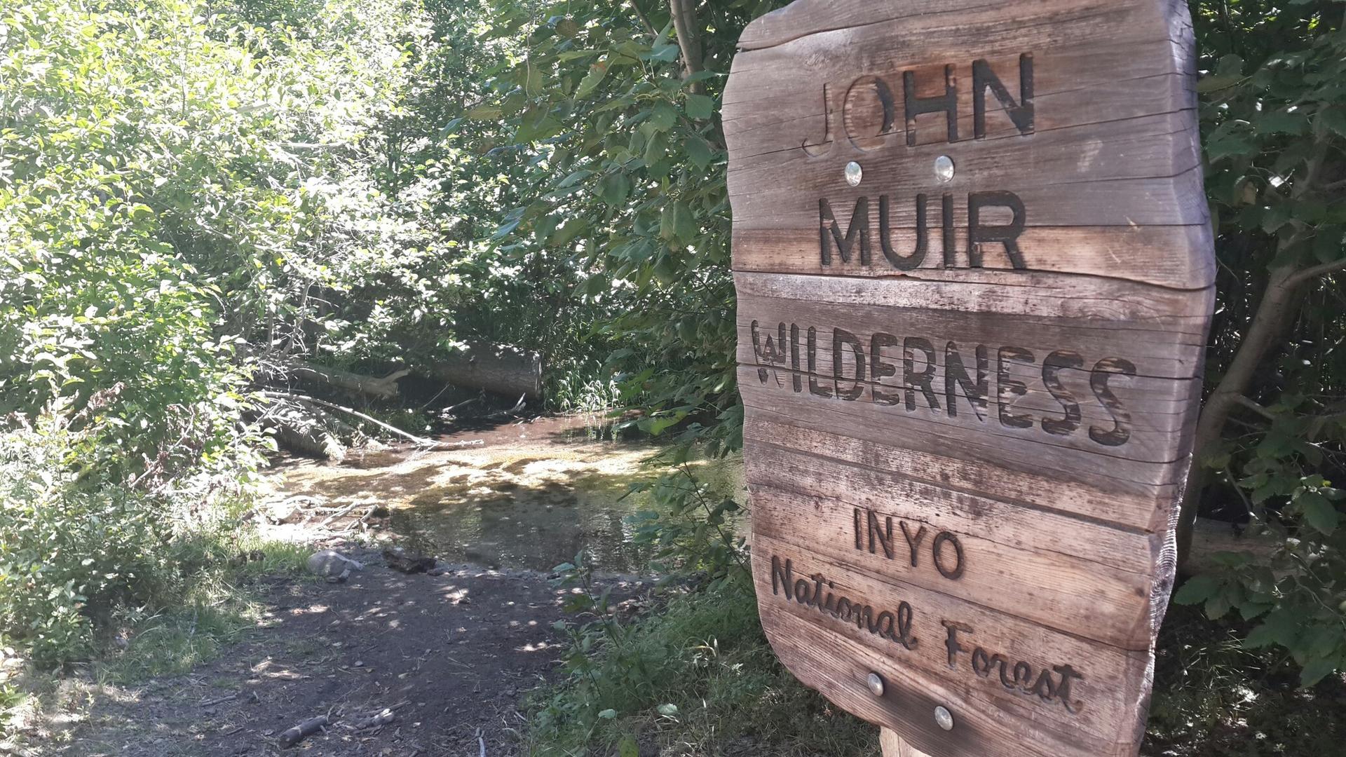 A wooden sign with carved text stands beside a stream and lush green foliage.
