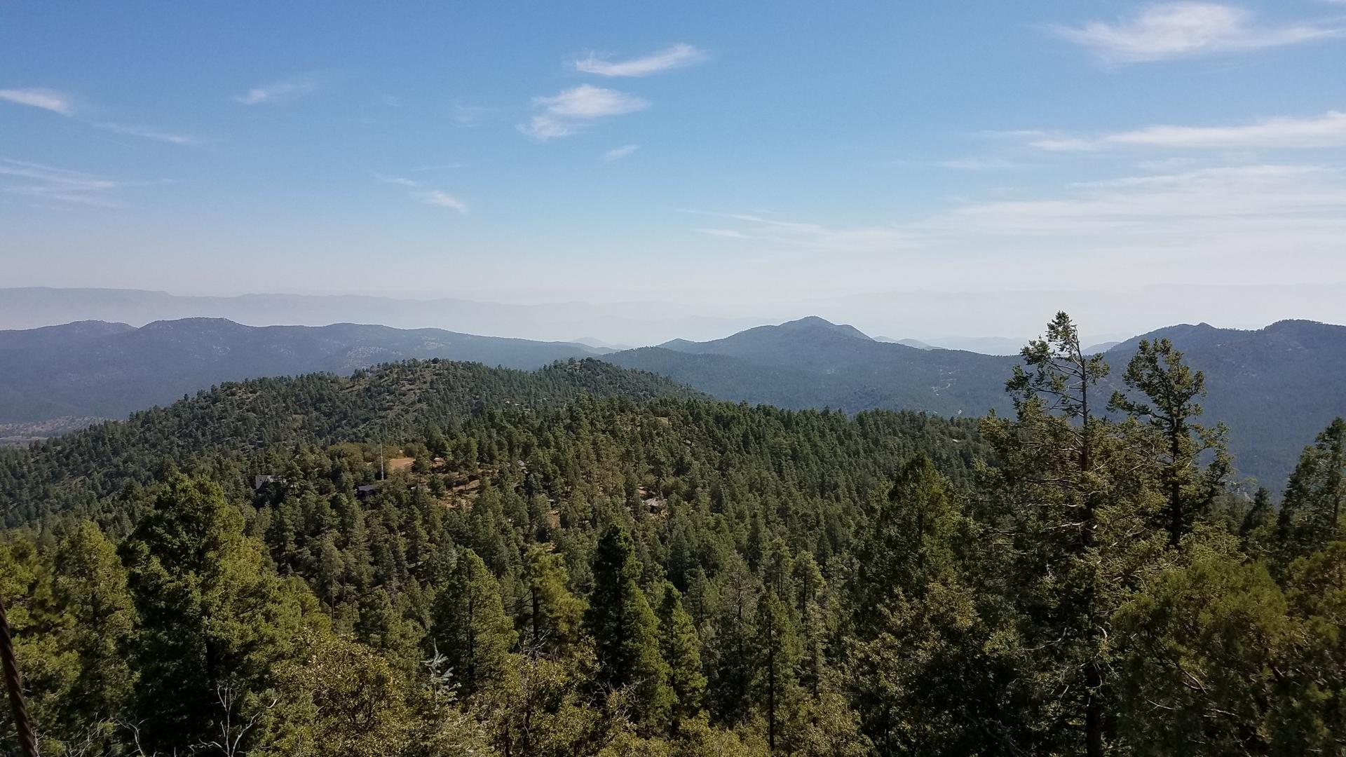 Vast forested mountains under a clear blue sky with distant peaks.