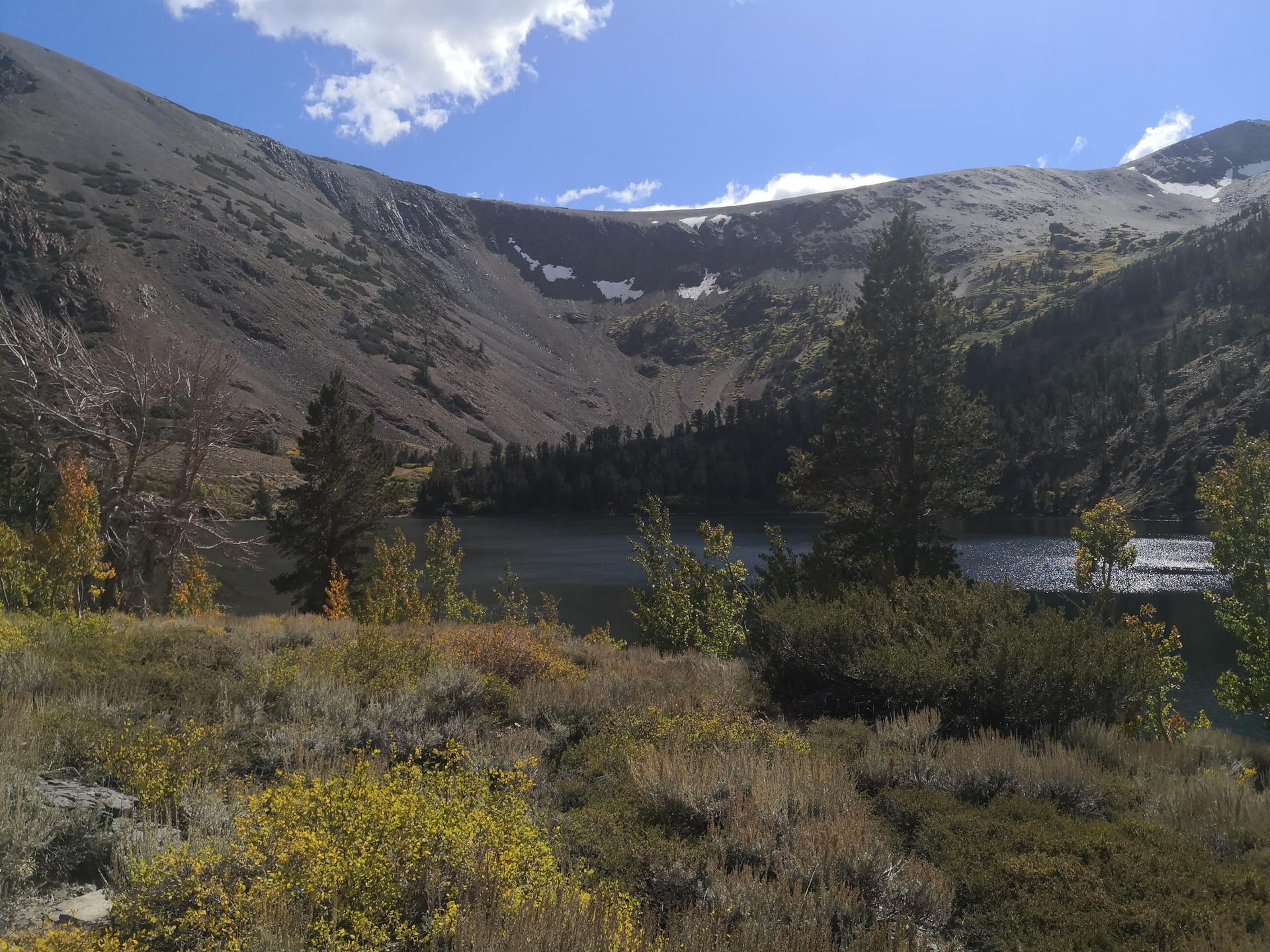 Bright day over a mountain lake with rocky slopes and scattered trees.