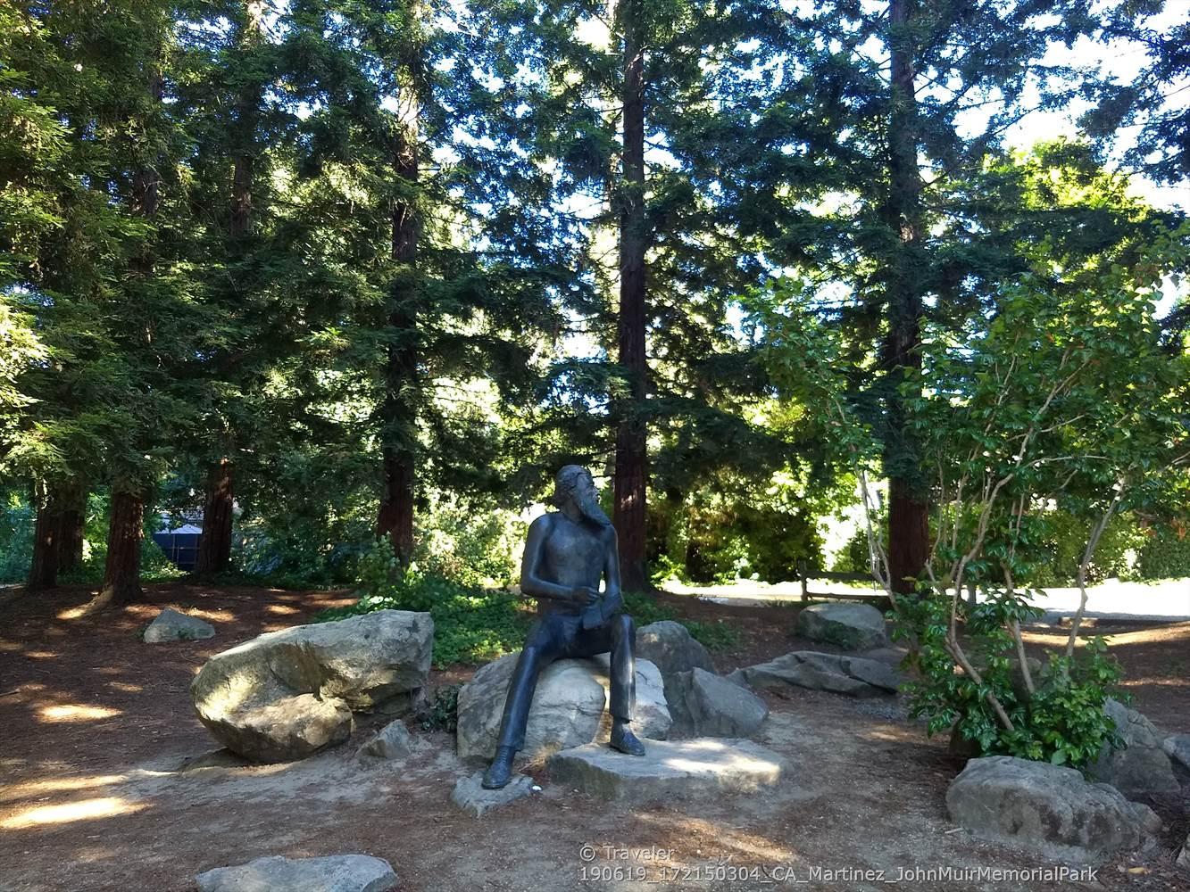 Bronze statue of a man sitting on a rock in a sunny forest.