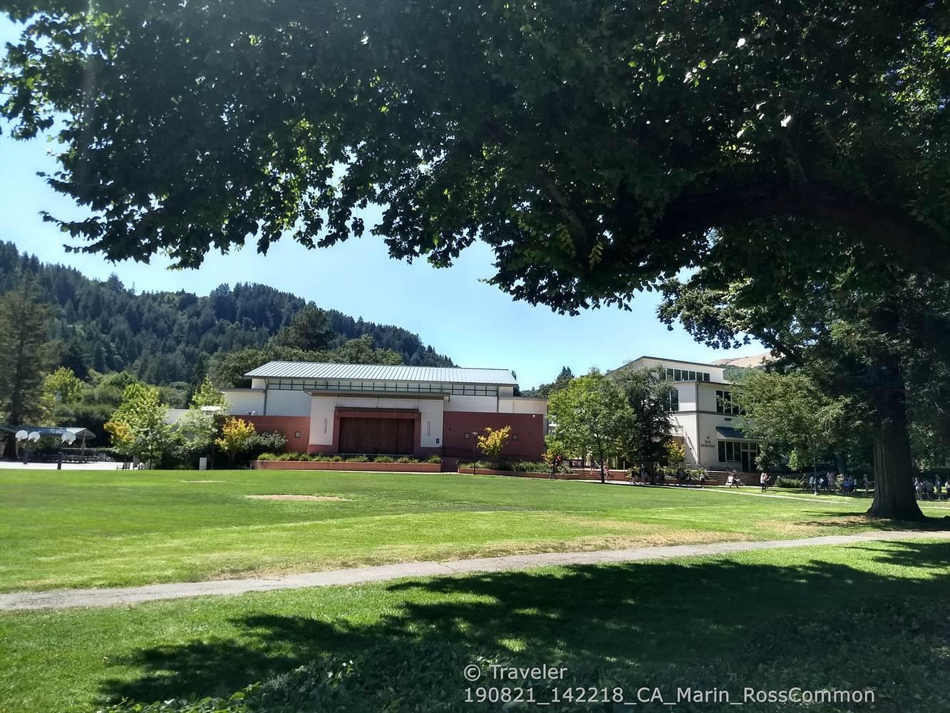Sunny green lawn with modern buildings and forested hills in background.