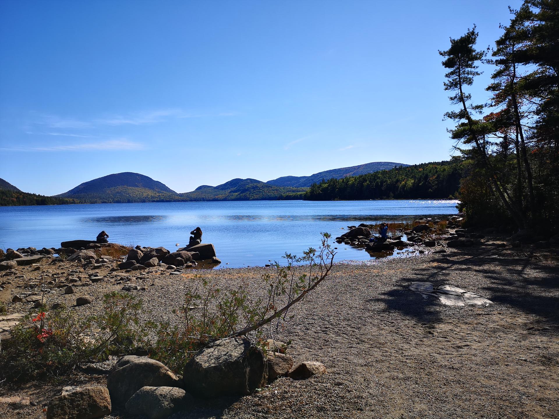 People by a calm lake with mountains and trees under a bright blue sky.