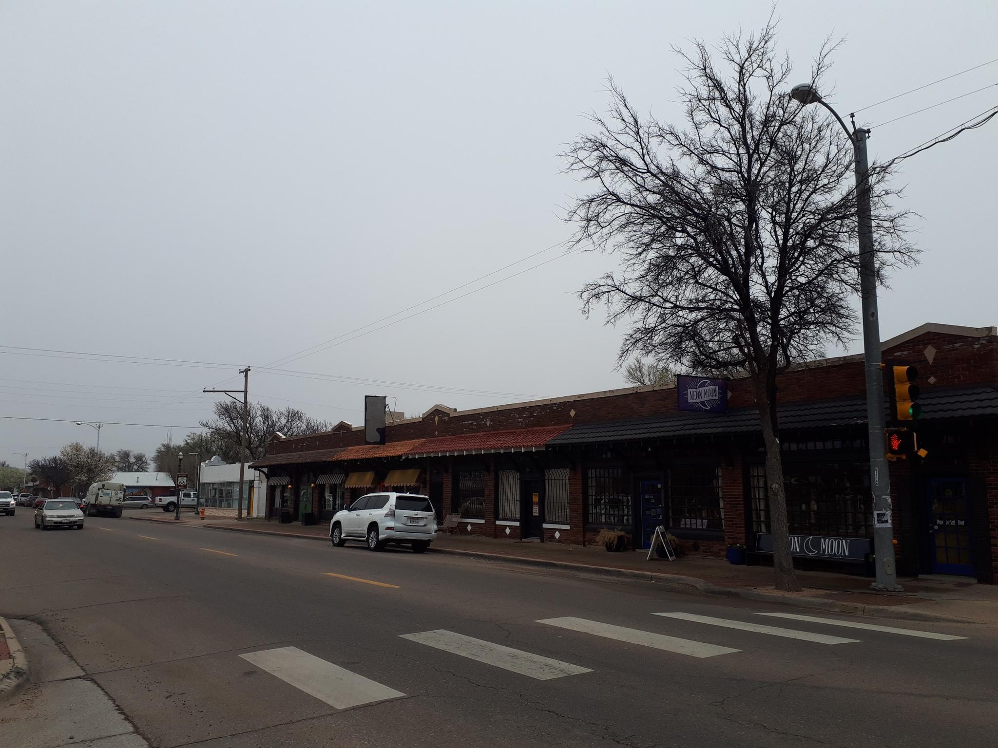 Overcast street scene with buildings, parked cars, and a bare tree.
