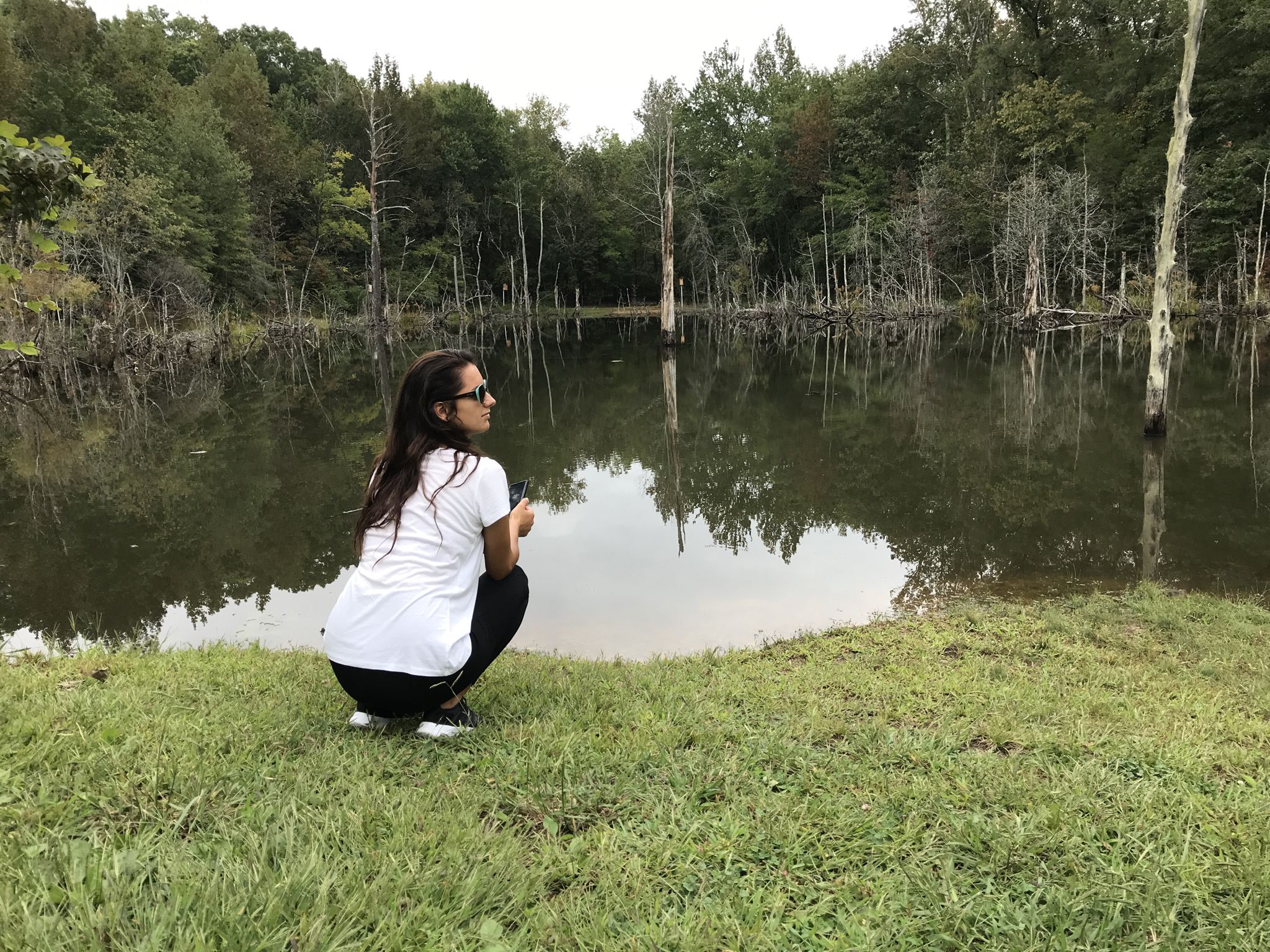 Woman crouching by a still pond with dead trees and a dense forest. - Poe Run and Boulder Point Trail
