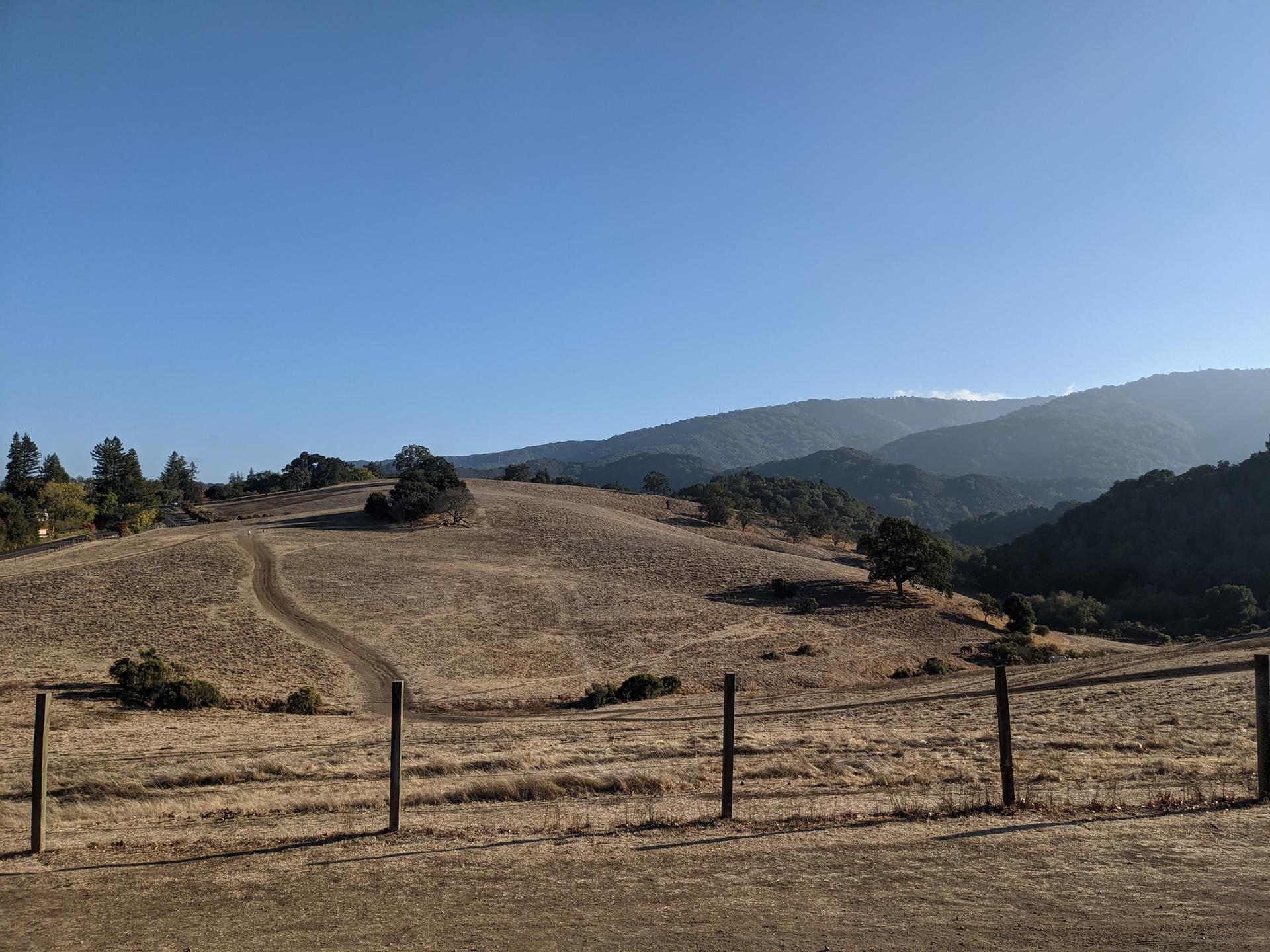 Sunny view of dry rolling hills with a dirt path and fence.