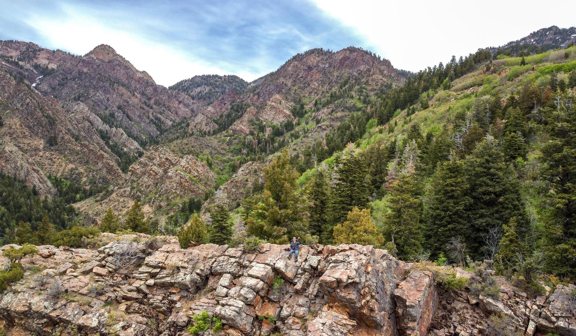 A person stands on rocky cliffs overlooking a forested mountain valley under a cloudy sky.