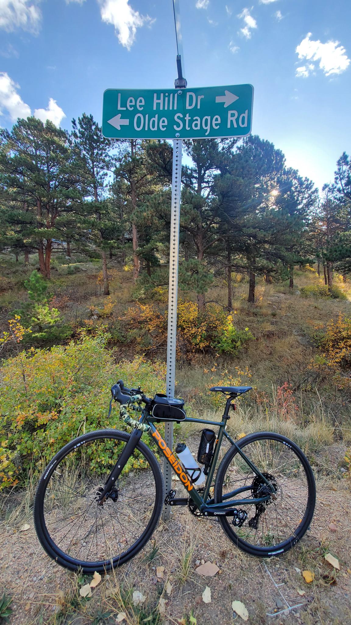 Gravel bike leaning against a signpost on a dirt path with trees.