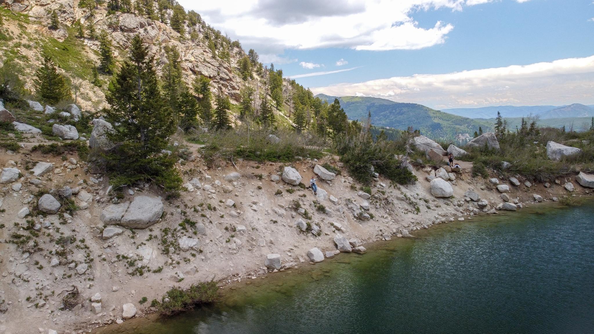 Rocky lake shore with sparse trees, distant mountains, and cloudy sky.