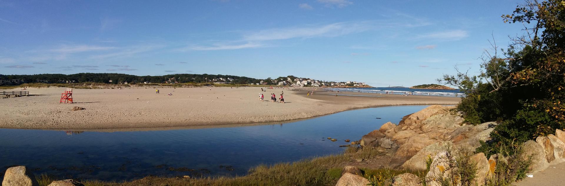 Sunny beach with a river, distant town, and people walking.
