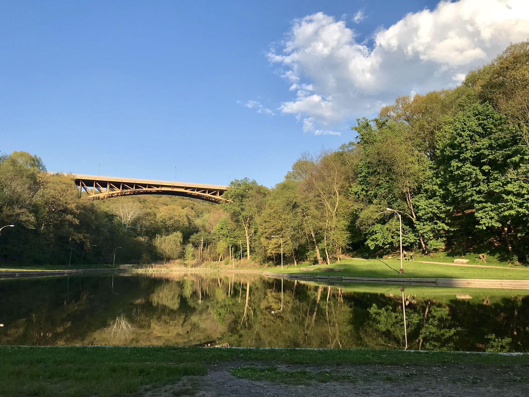 Serene pond reflecting green trees and a large bridge under a blue sky. - Panther Hollow Loop