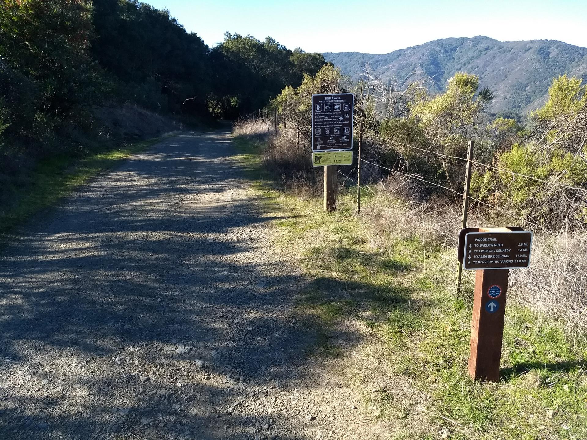 A dirt path with trail signs, green hills, and distant mountains.
