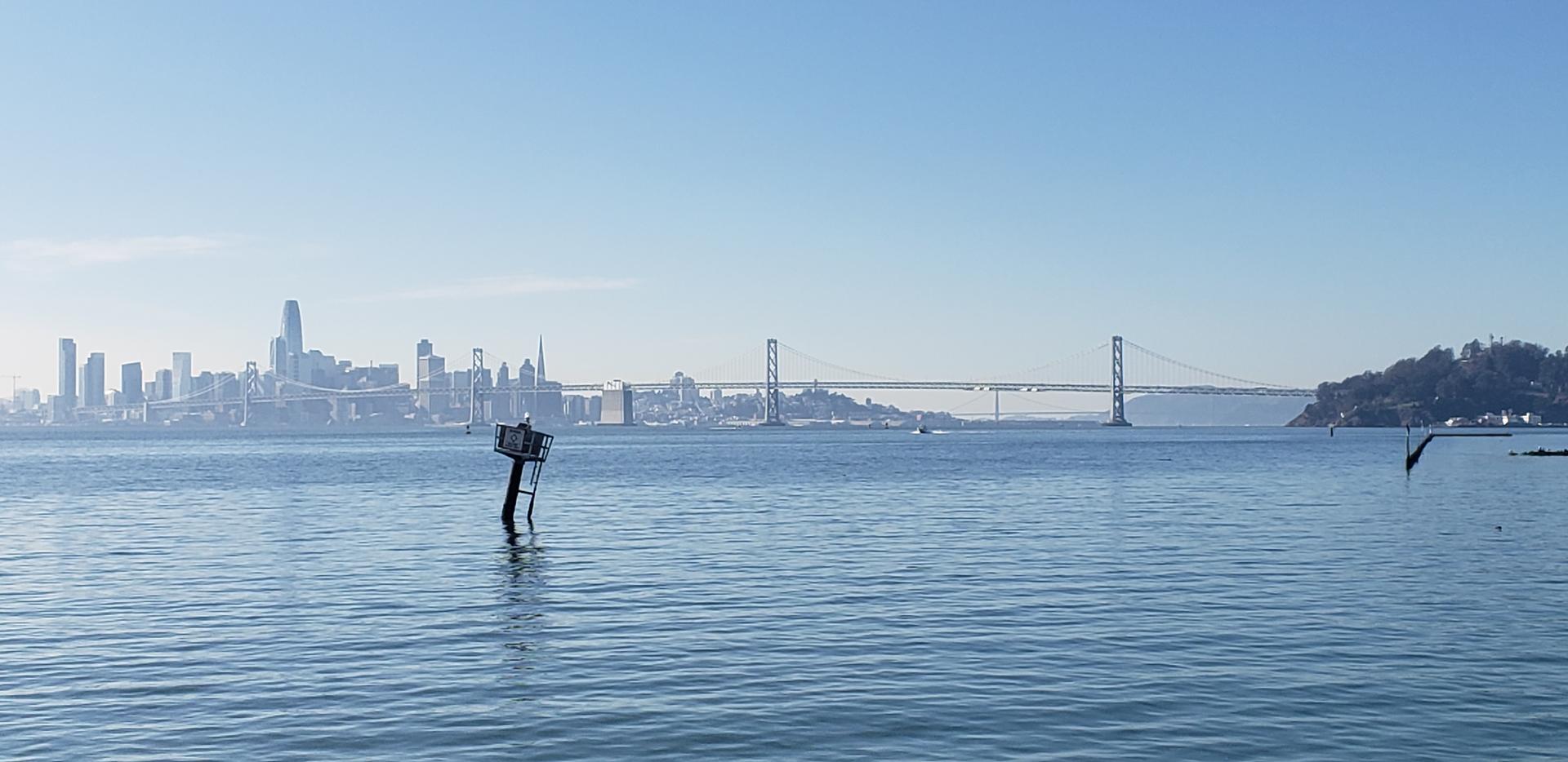 Clear view of city skyline, suspension bridge, and buoy in blue water.