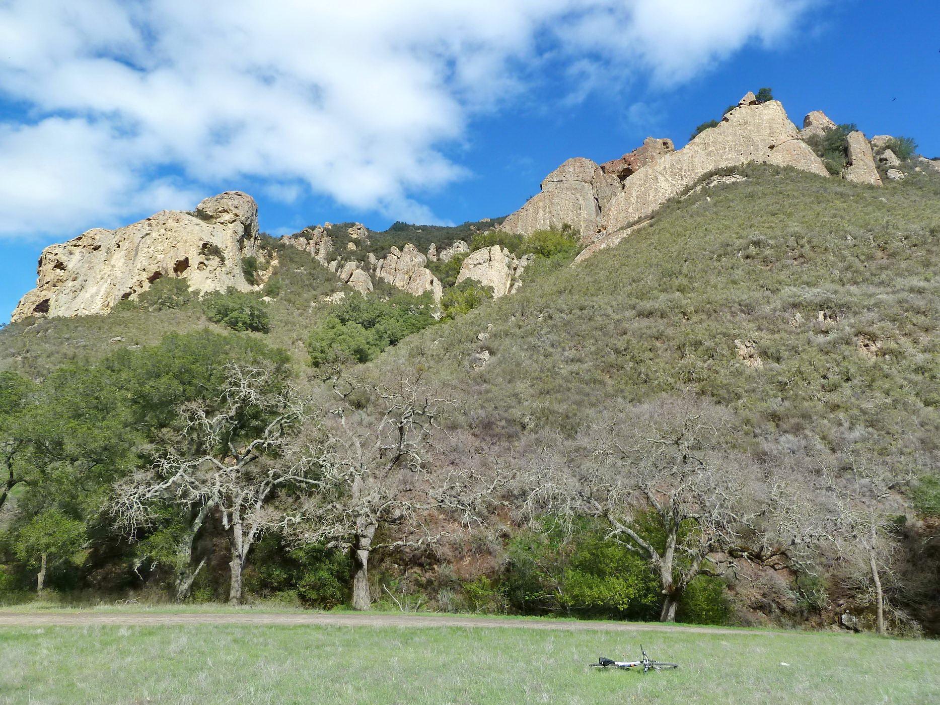 Rugged, rocky mountains rise above a green field with bare trees and a bicycle.