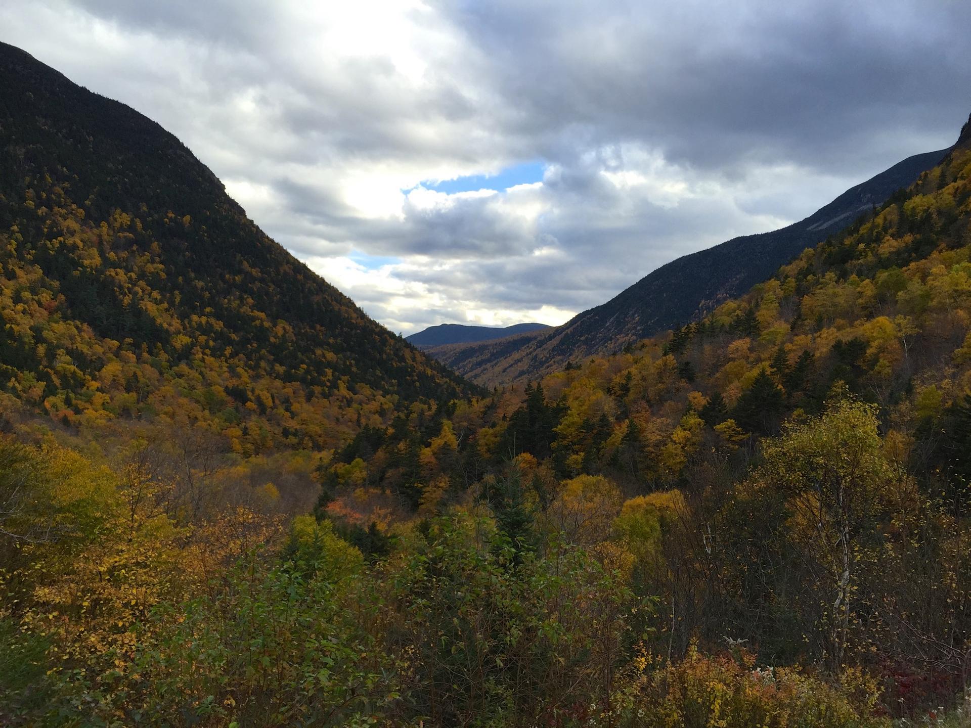 A mountain valley filled with vibrant autumn trees under a cloudy sky.