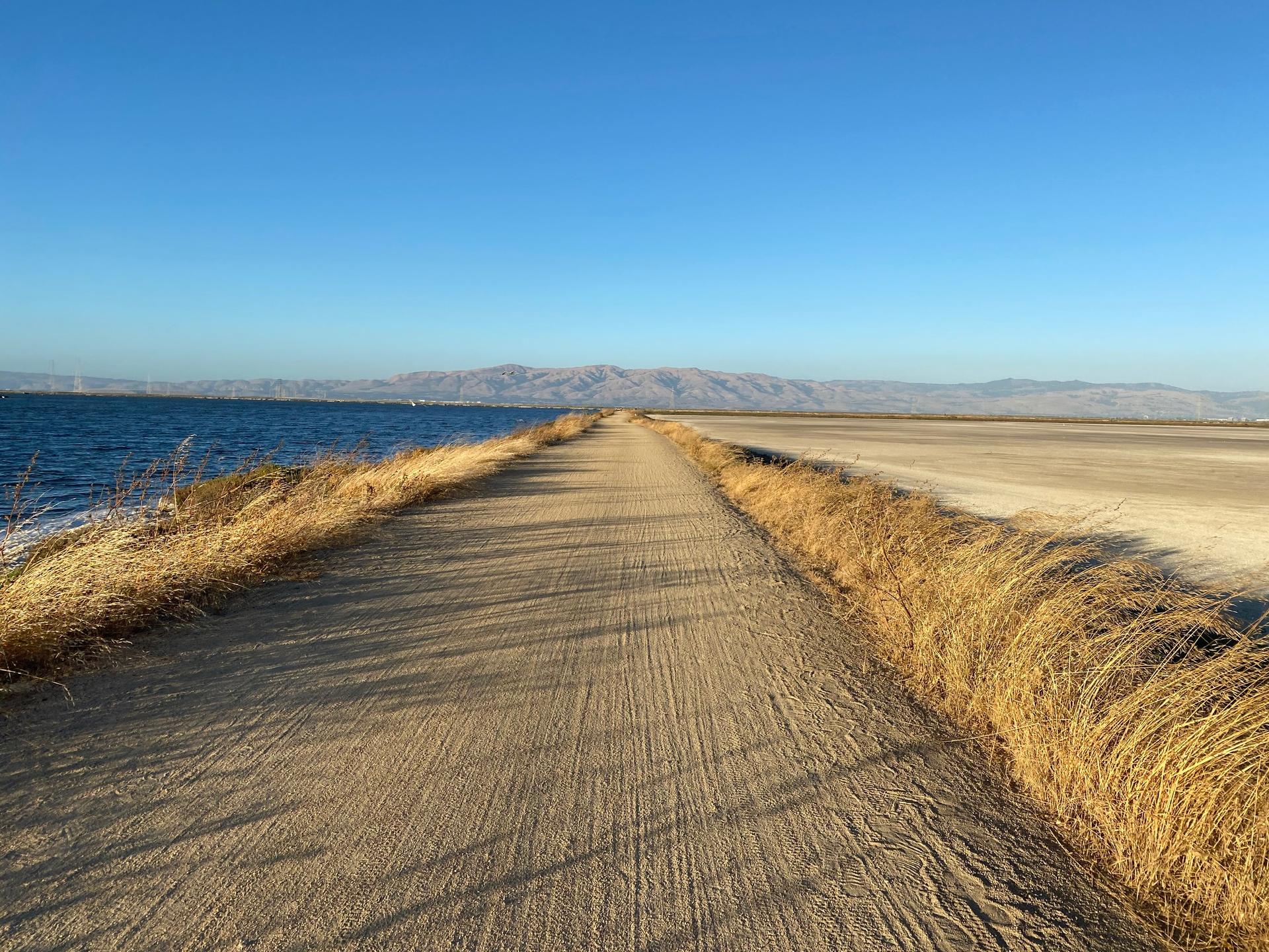A wide dirt path runs between blue water and dry land under a clear sky.