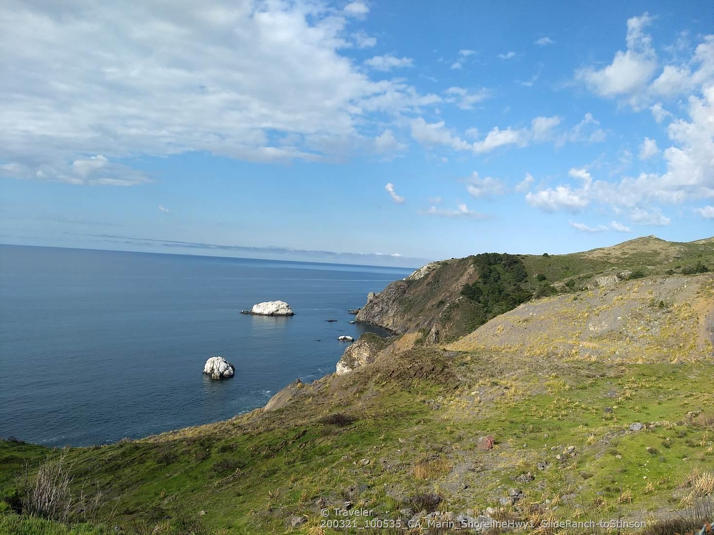 Vast blue ocean with rocky sea stacks next to green, rugged coastal cliffs.