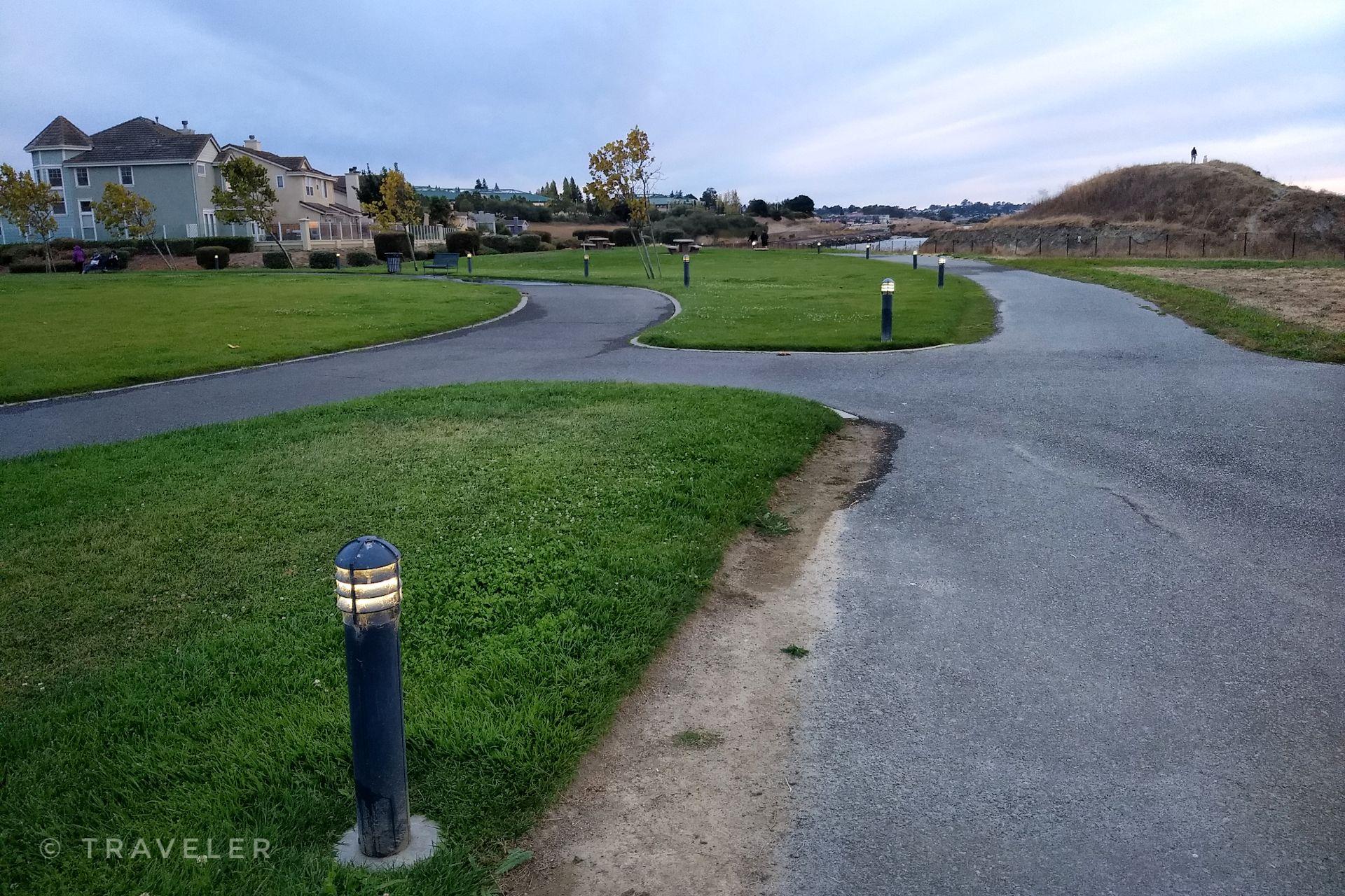 Winding paved path through green grass with residential buildings nearby.