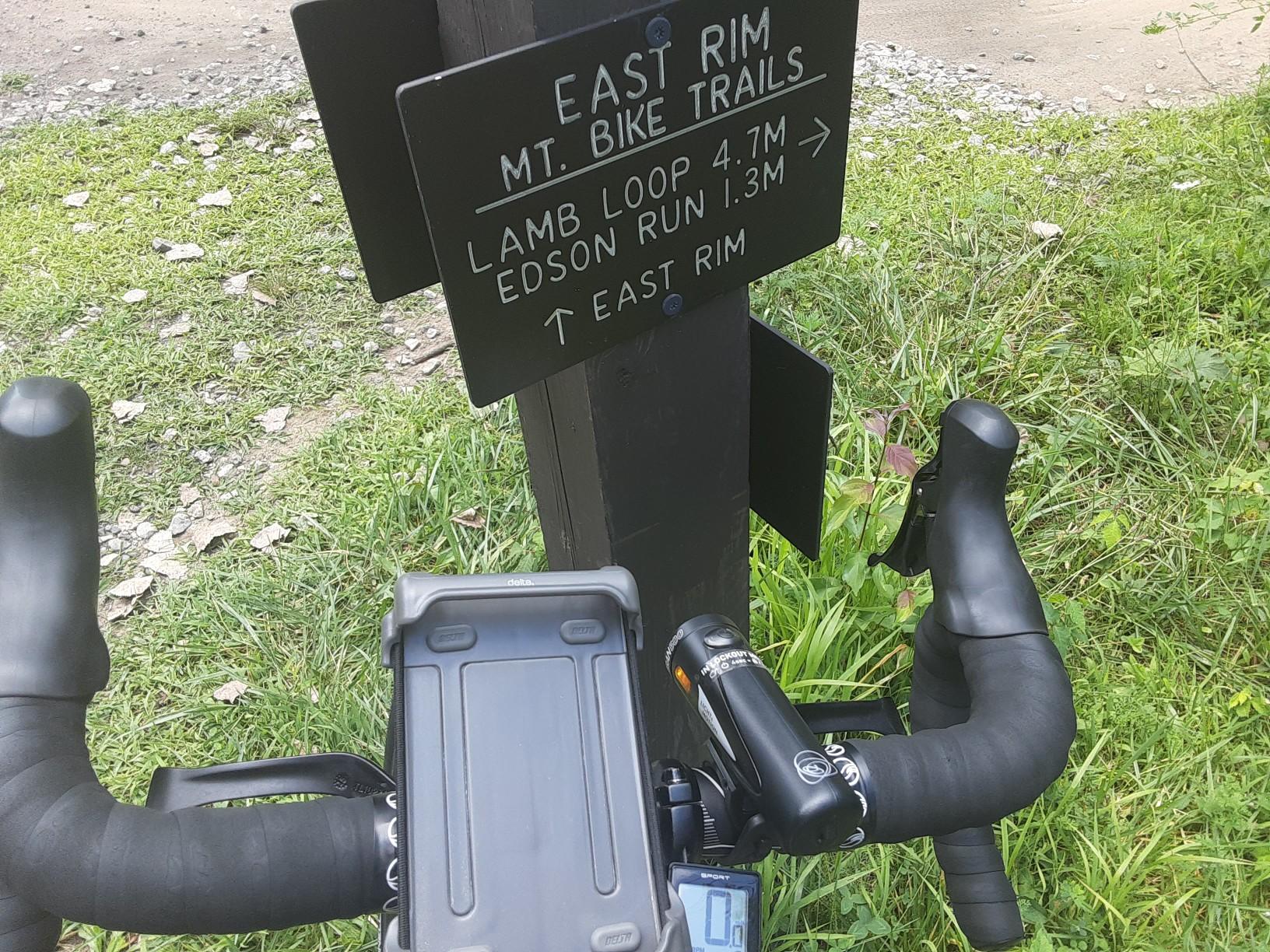 Bicycle handlebars with a phone mount and a trail sign on a sunny day.