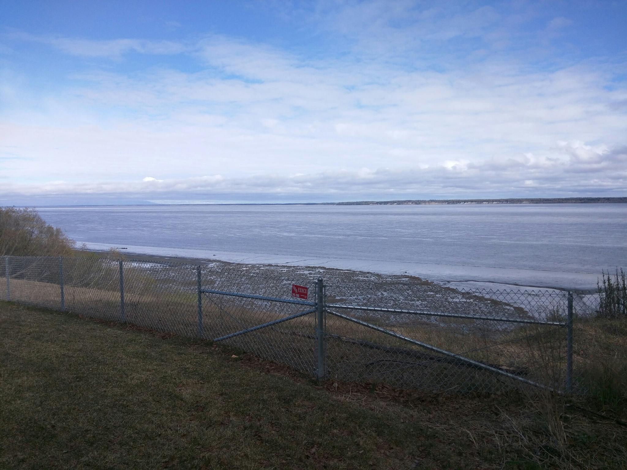 Chain link fence overlooking a calm body of water under an overcast sky.
