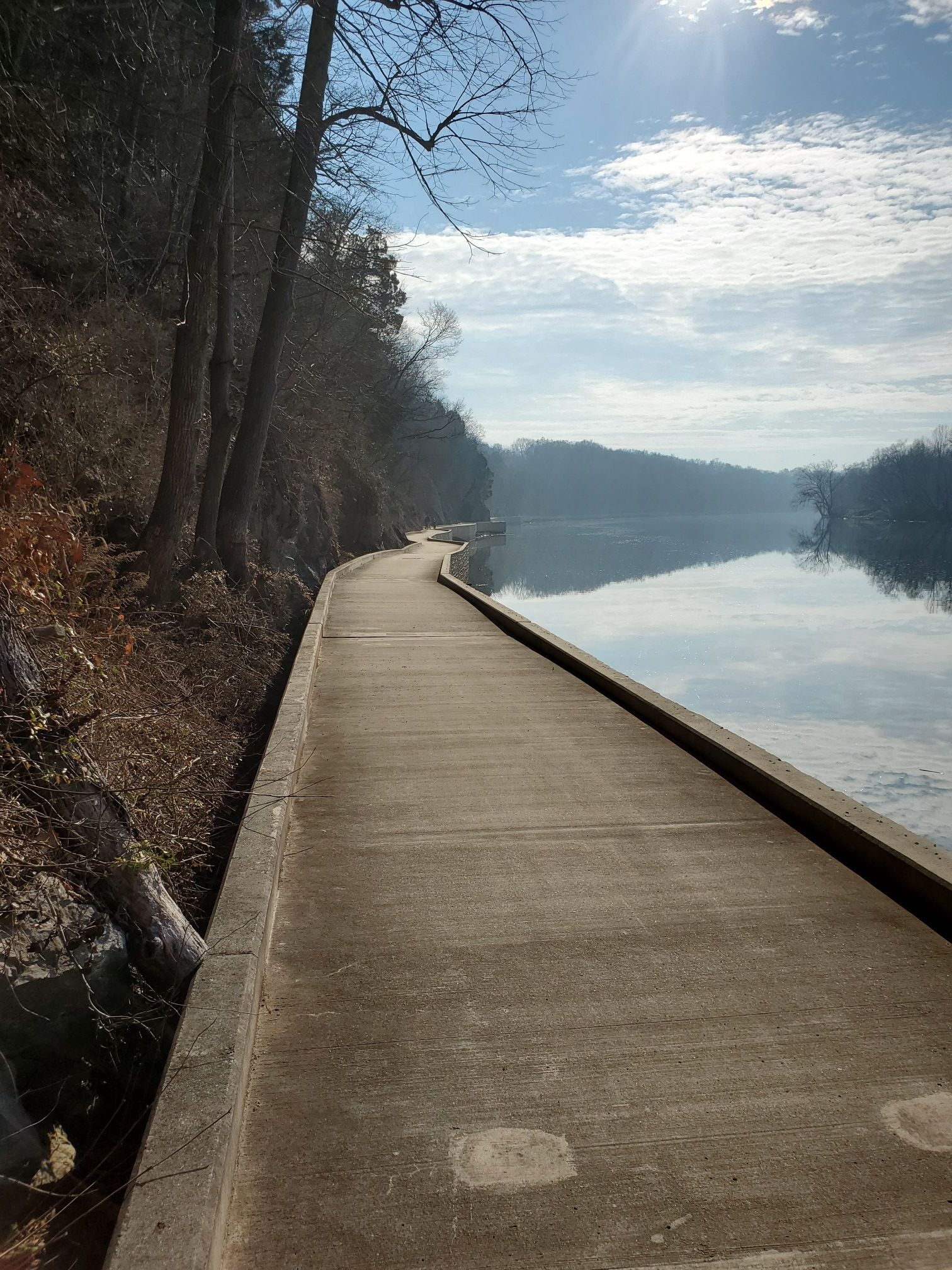 Concrete path curves along a river with a steep wooded bank, bright sun. - Shepherdstown and Williamsport C&O Canal Loop