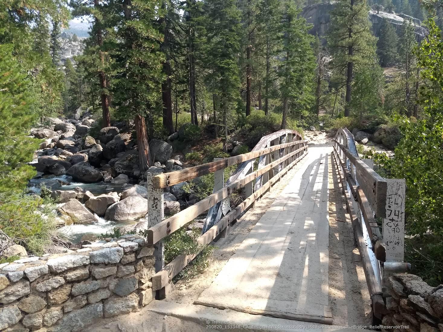 Wooden bridge crossing a rocky stream in a sunlit pine forest.