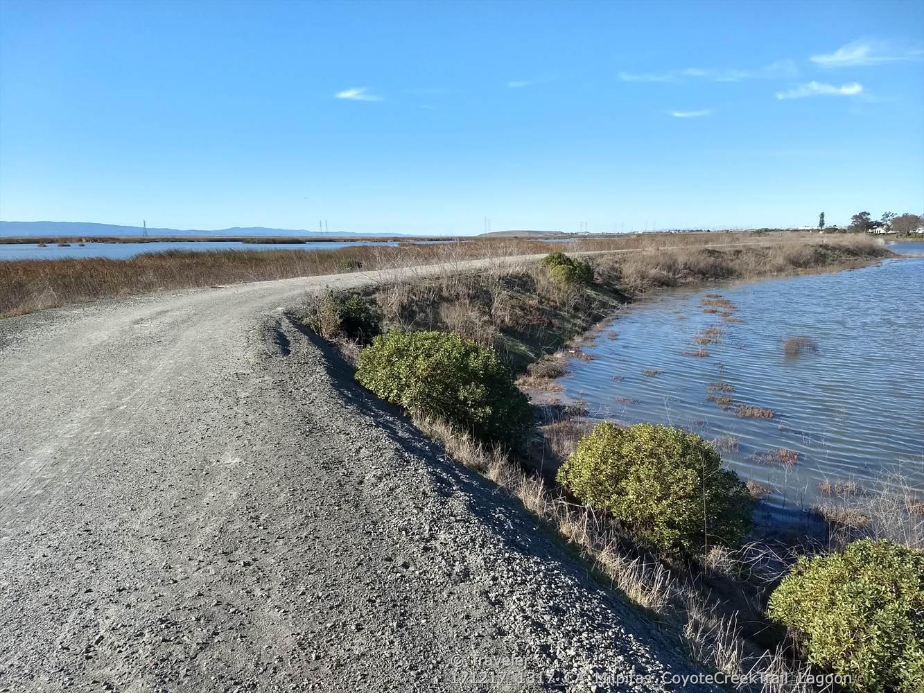 A gravel path curves alongside water and marshland under a blue sky.