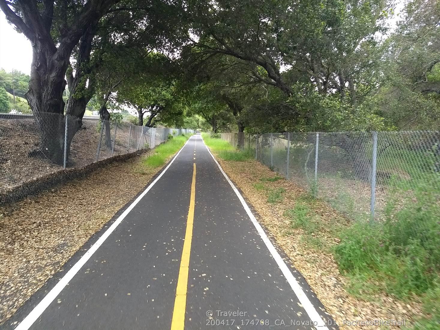 Paved path lined with fences and trees on a bright day.