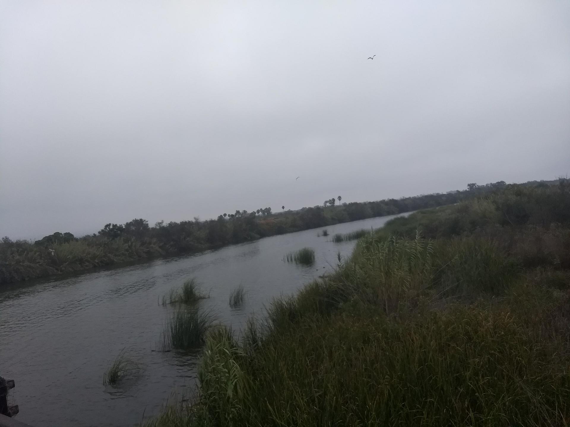 A wide river flows between lush green banks under an overcast sky.