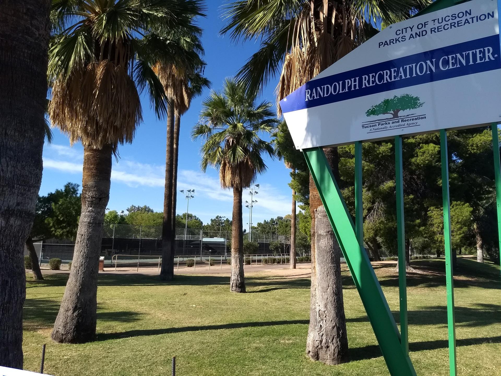 Palm trees and a sign in a sunny park with tennis courts.