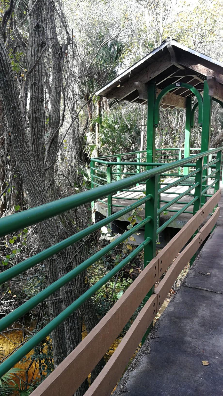 Green railings lead to a wooden gazebo surrounded by dense trees.