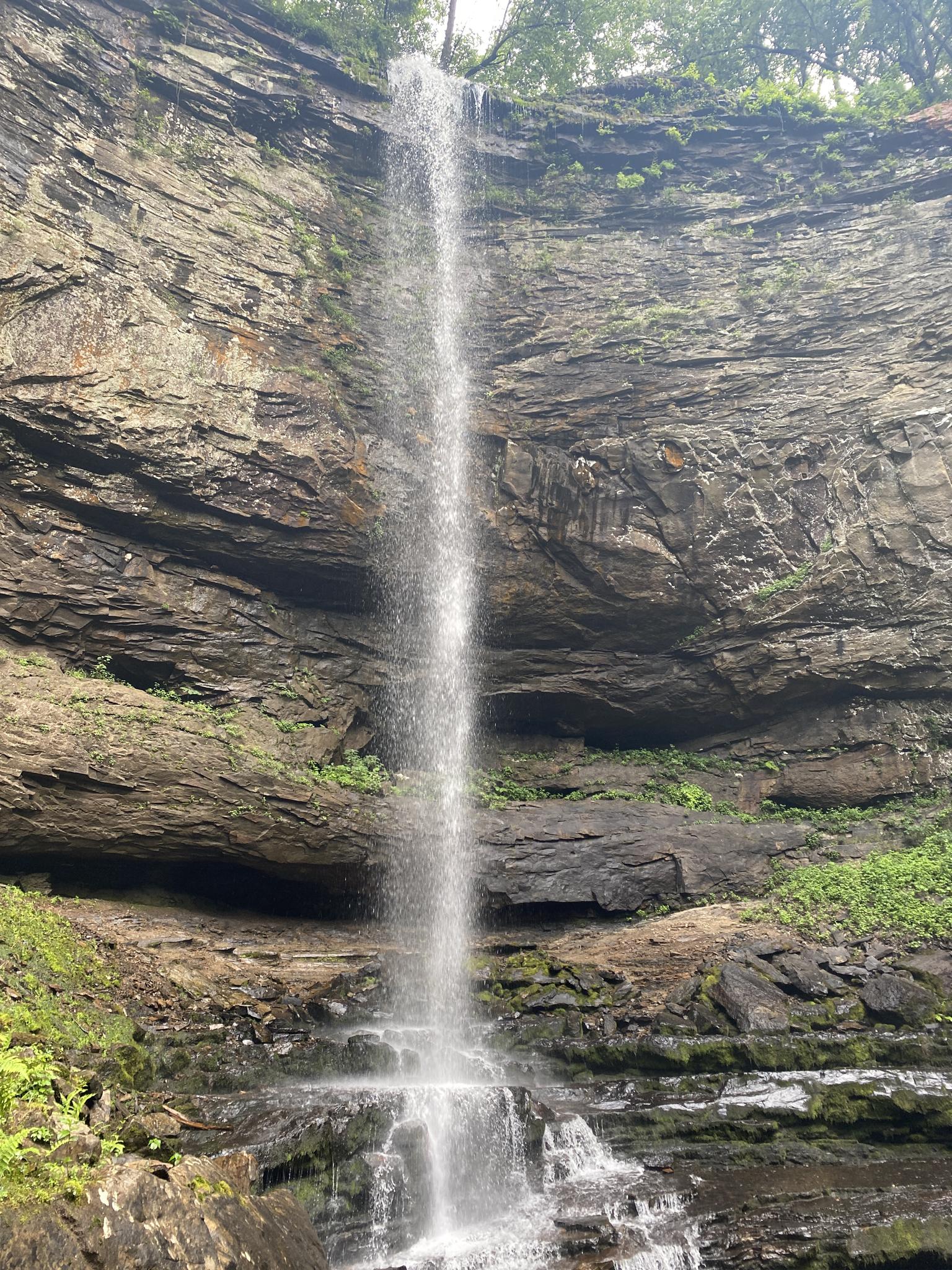 A tall, thin waterfall cascades down a mossy, rocky cliff face.