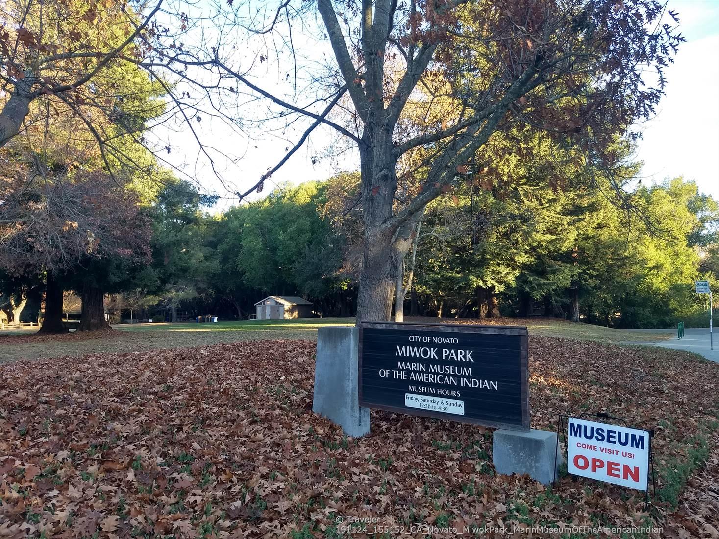 A park sign and fallen leaves under a large tree on a sunny day.