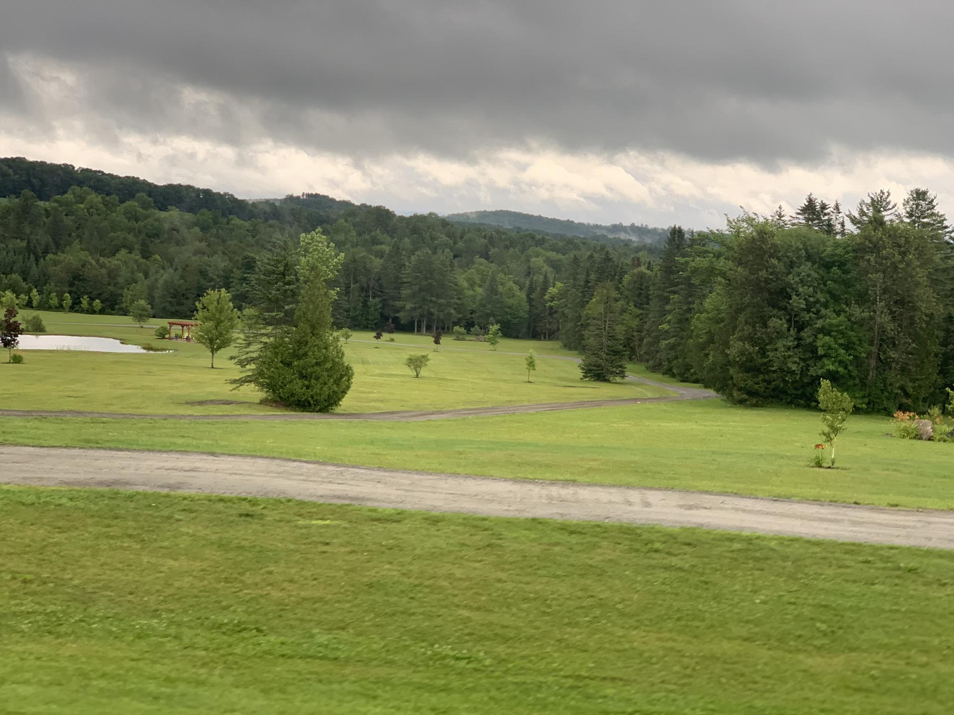 A large green field with scattered trees, distant hills, under a cloudy sky.