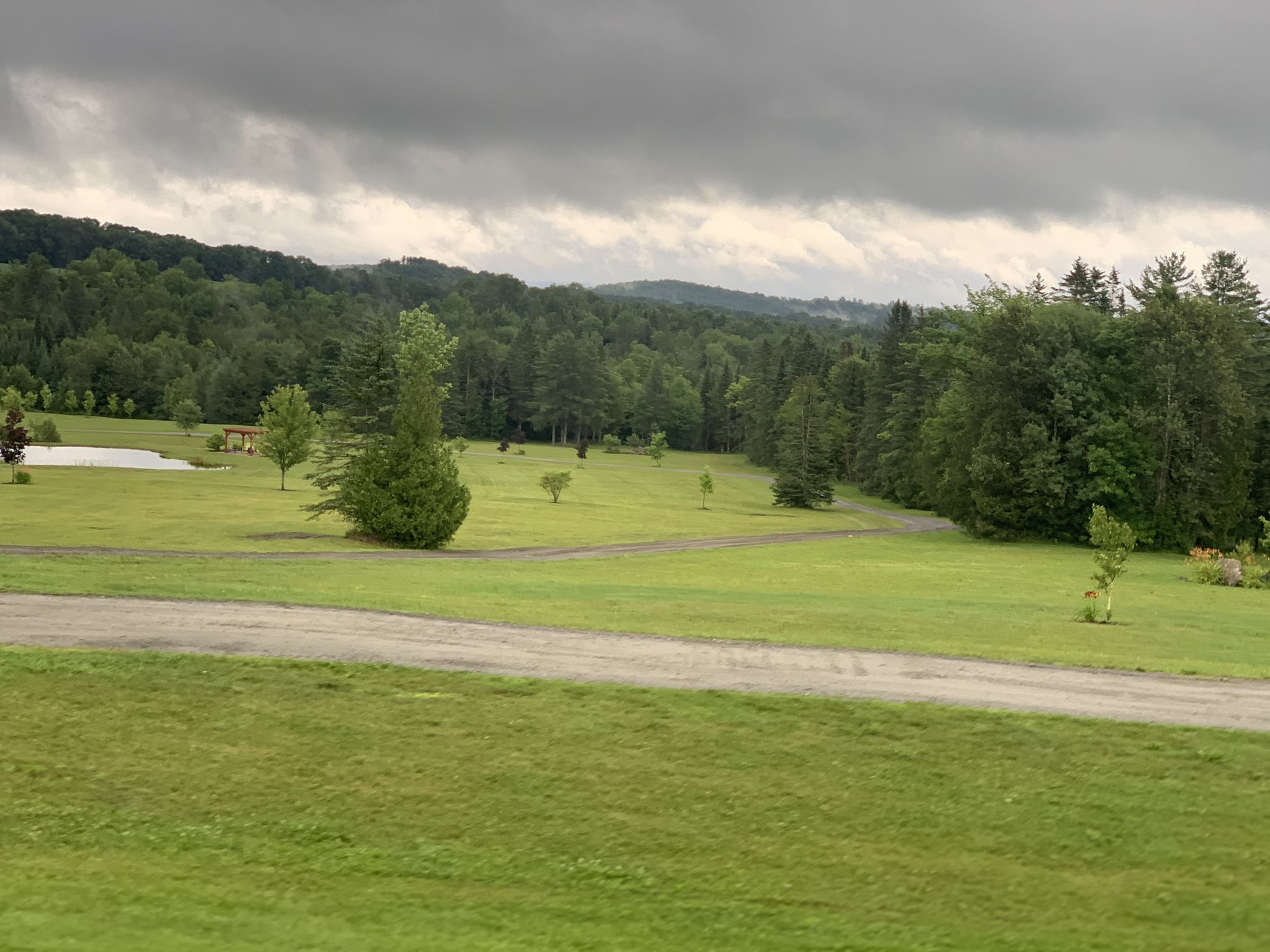 A large green field with scattered trees, distant hills, under a cloudy sky. - Wonderful Lamoille Rail Trail – Public Access Tools and Pump loop from Saint Johnsbury