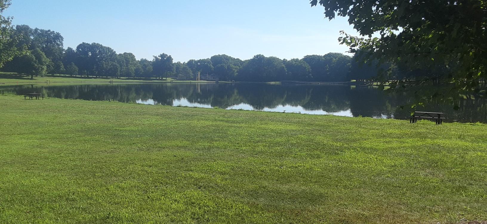 A serene lake reflecting trees, with a green grassy area and a picnic table.