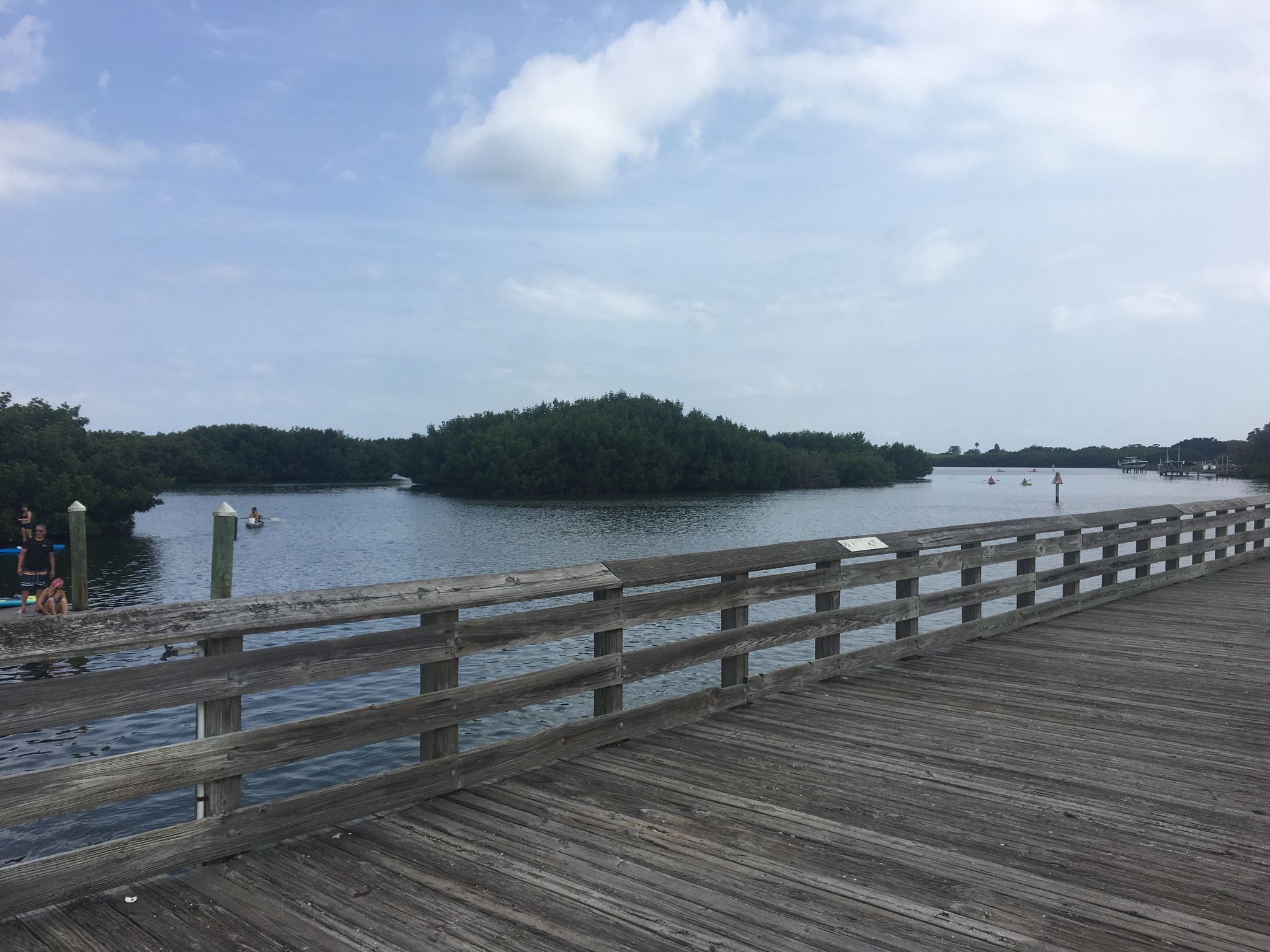 Sunny view from a wooden pier overlooking a water channel with kayakers. - Downtown Tampa to Weedon Island
