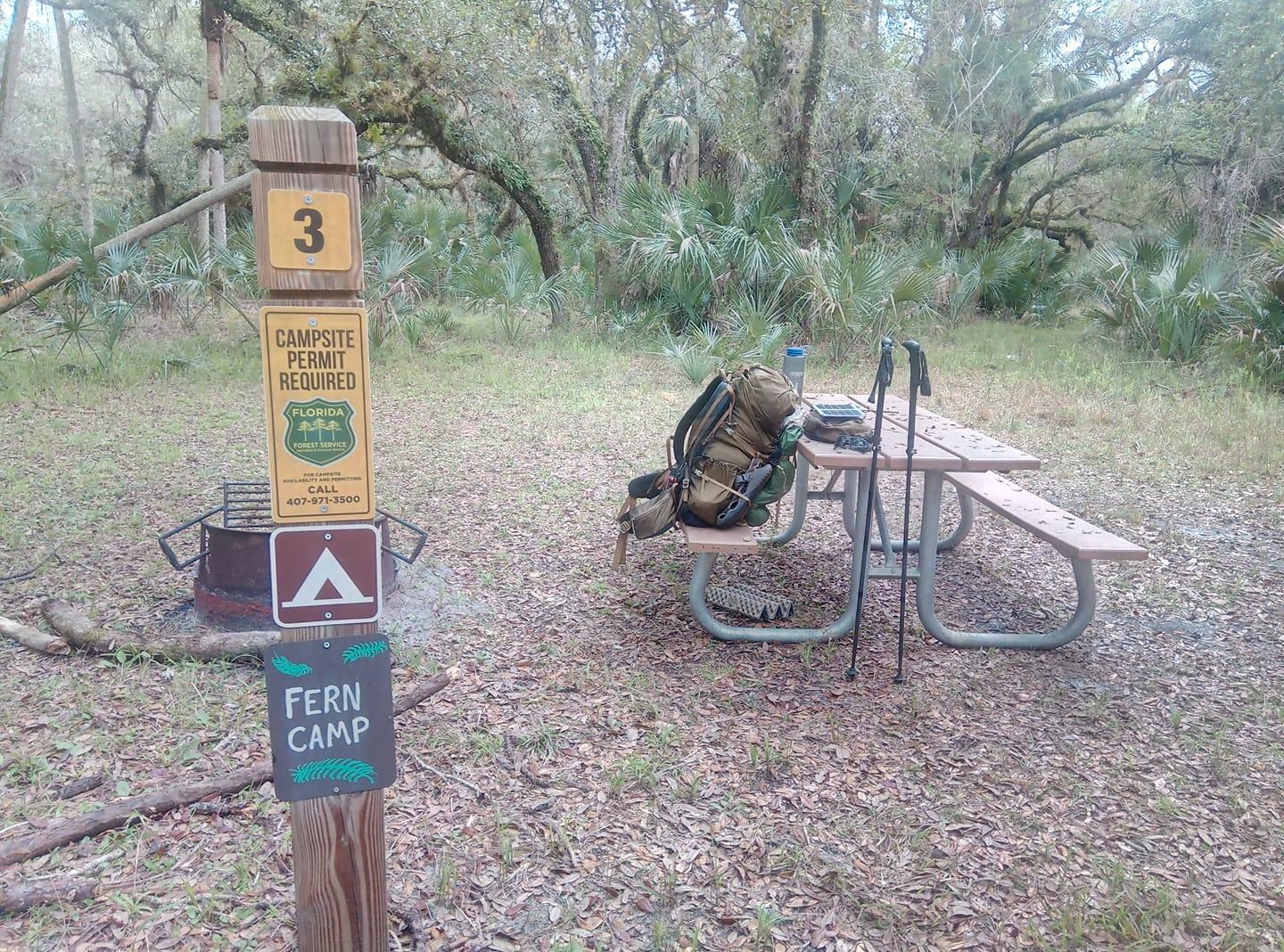 Campsite sign, picnic table, backpack, and trekking poles in a forest clearing.