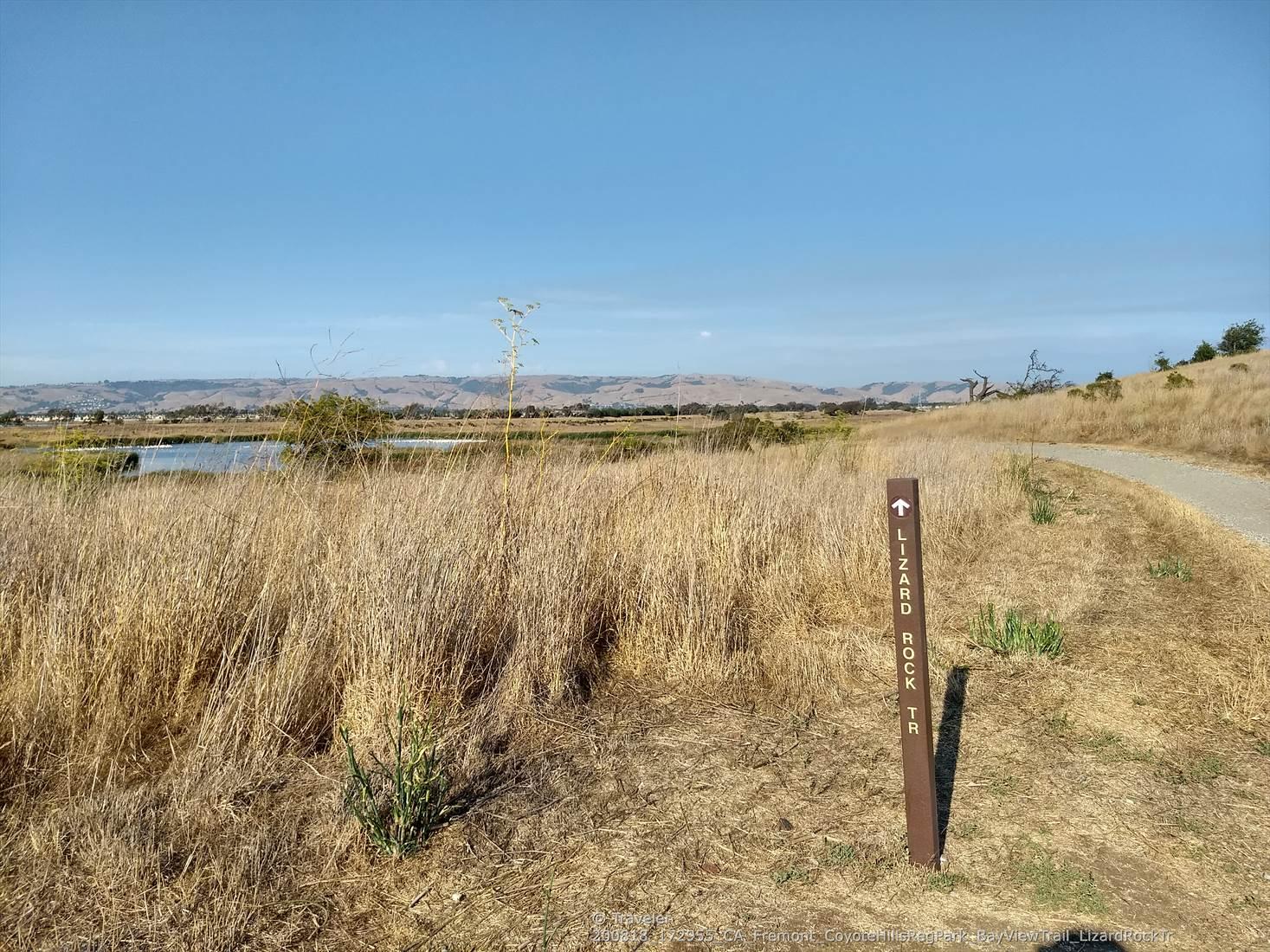 A trail marker stands in dry grass beside a path, with distant water.
