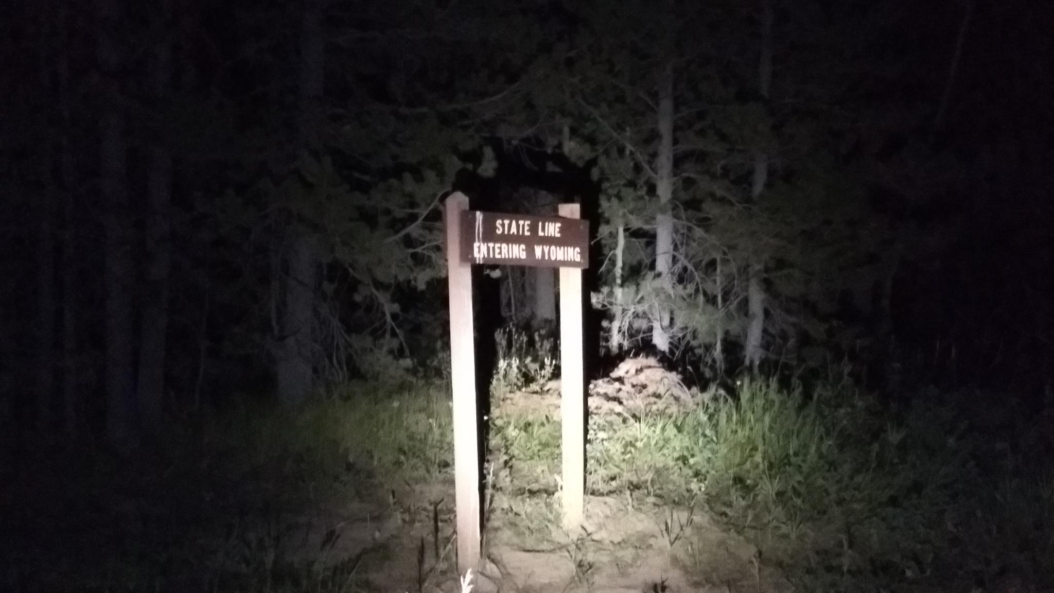 A wooden sign in a dark forest, illuminated by a bright light.