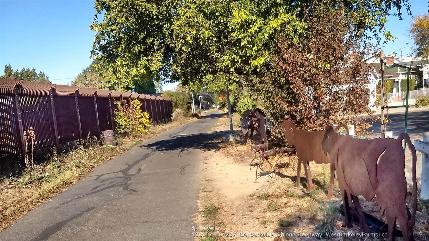Paved path with metal cow sculptures and a fence on a sunny day.